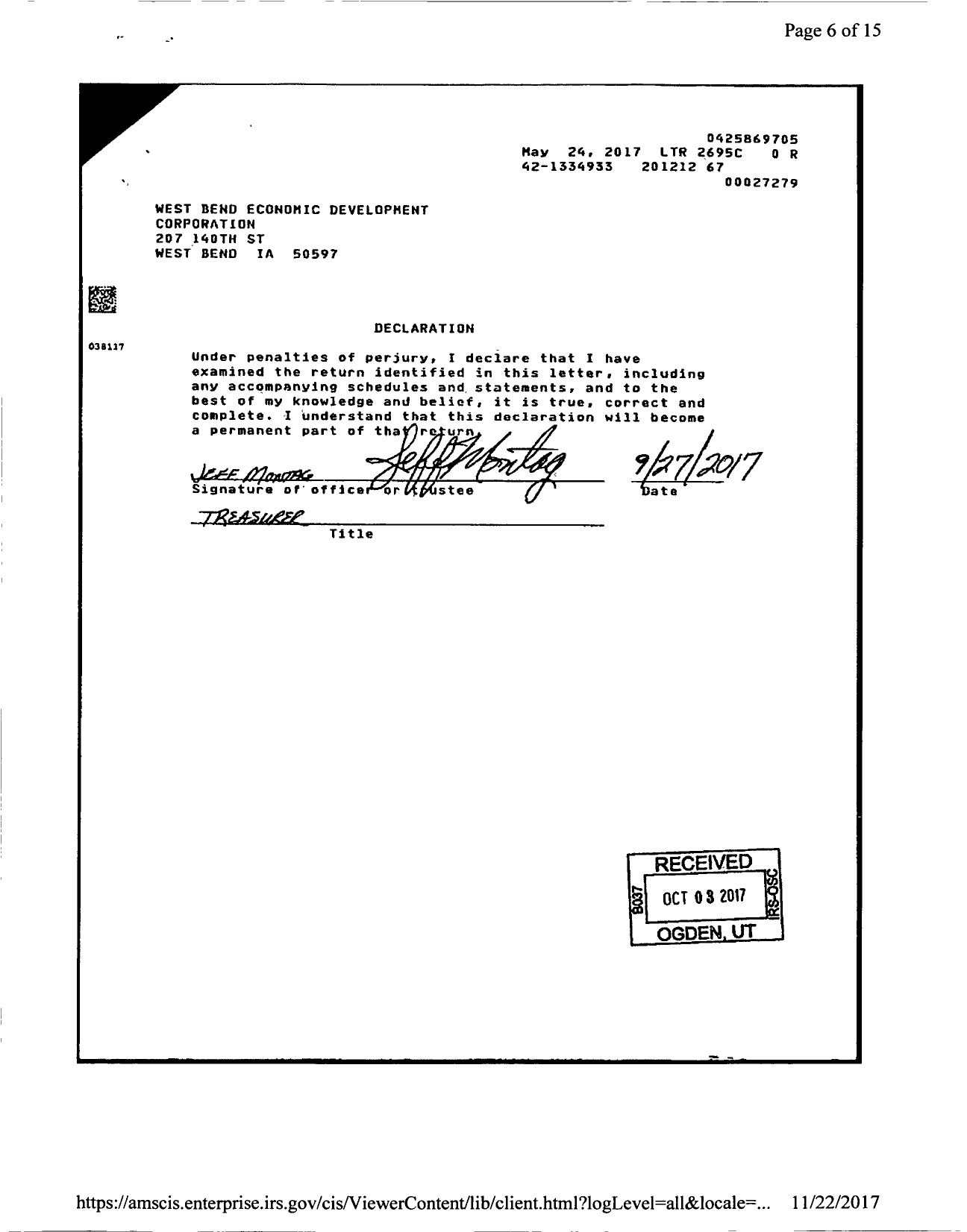 Image of first page of 2012 Form 990ER for West Bend Economic Development Corporation