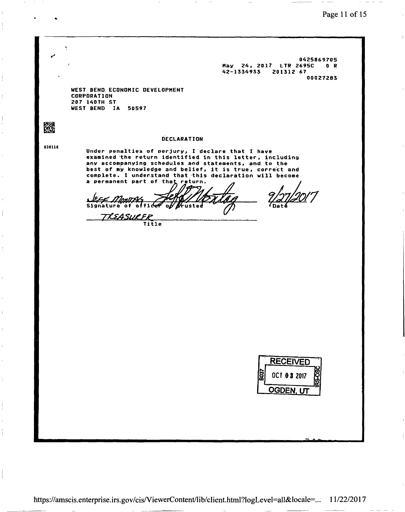 Image of first page of 2013 Form 990ER for West Bend Economic Development Corporation