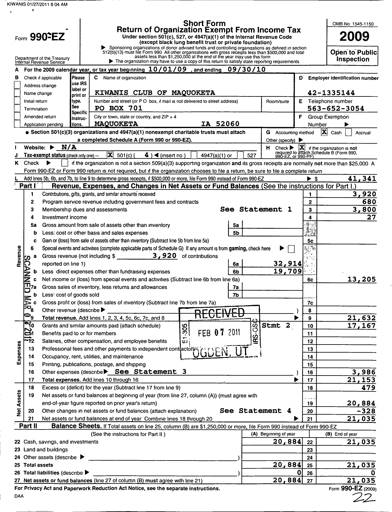 Image of first page of 2009 Form 990EO for Kiwanis International - K12620 Maquoketa