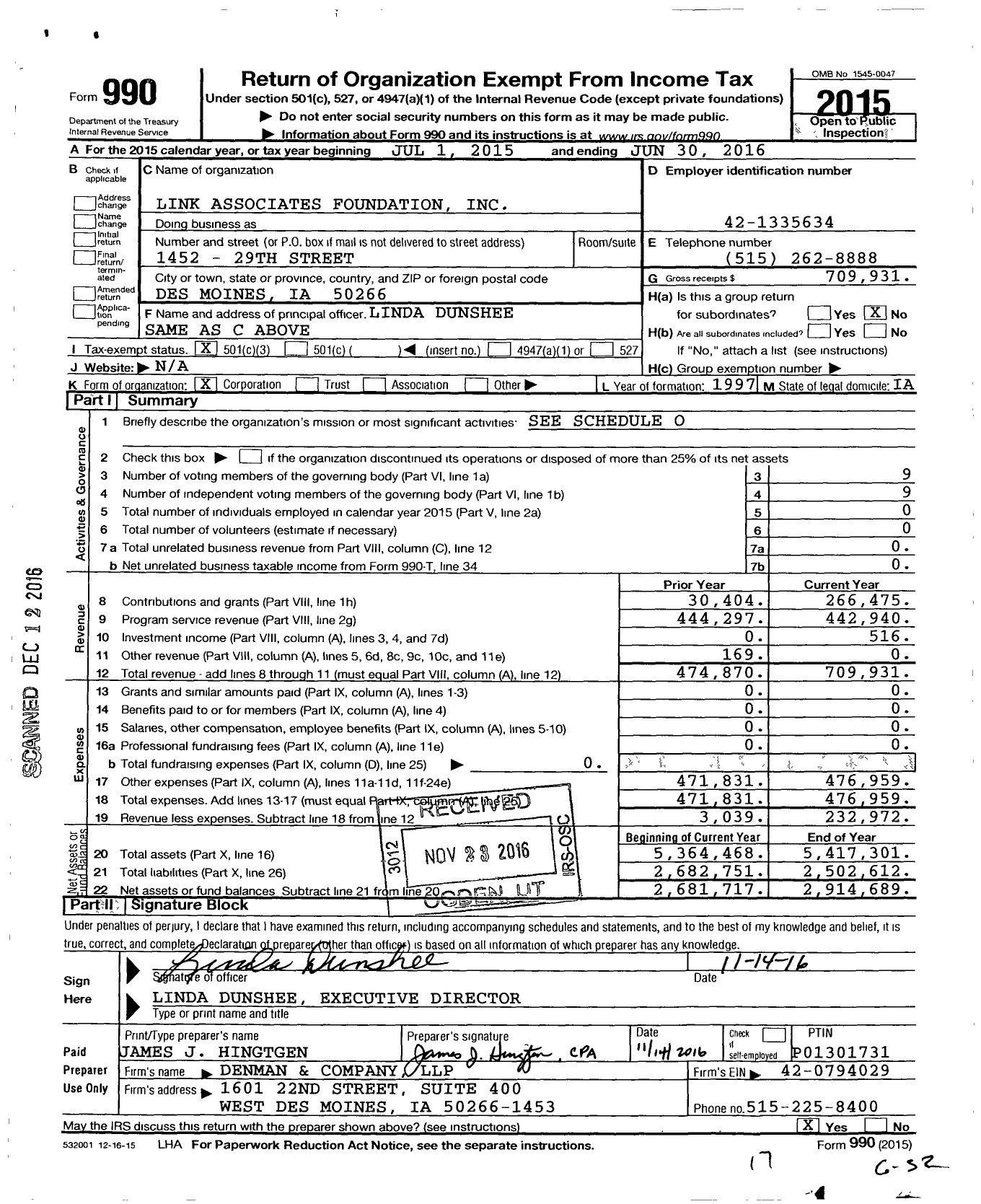 Image of first page of 2015 Form 990 for Link Associates Foundation