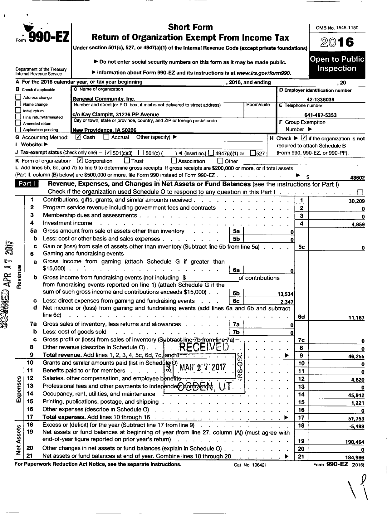 Image of first page of 2016 Form 990EZ for Renewal Community