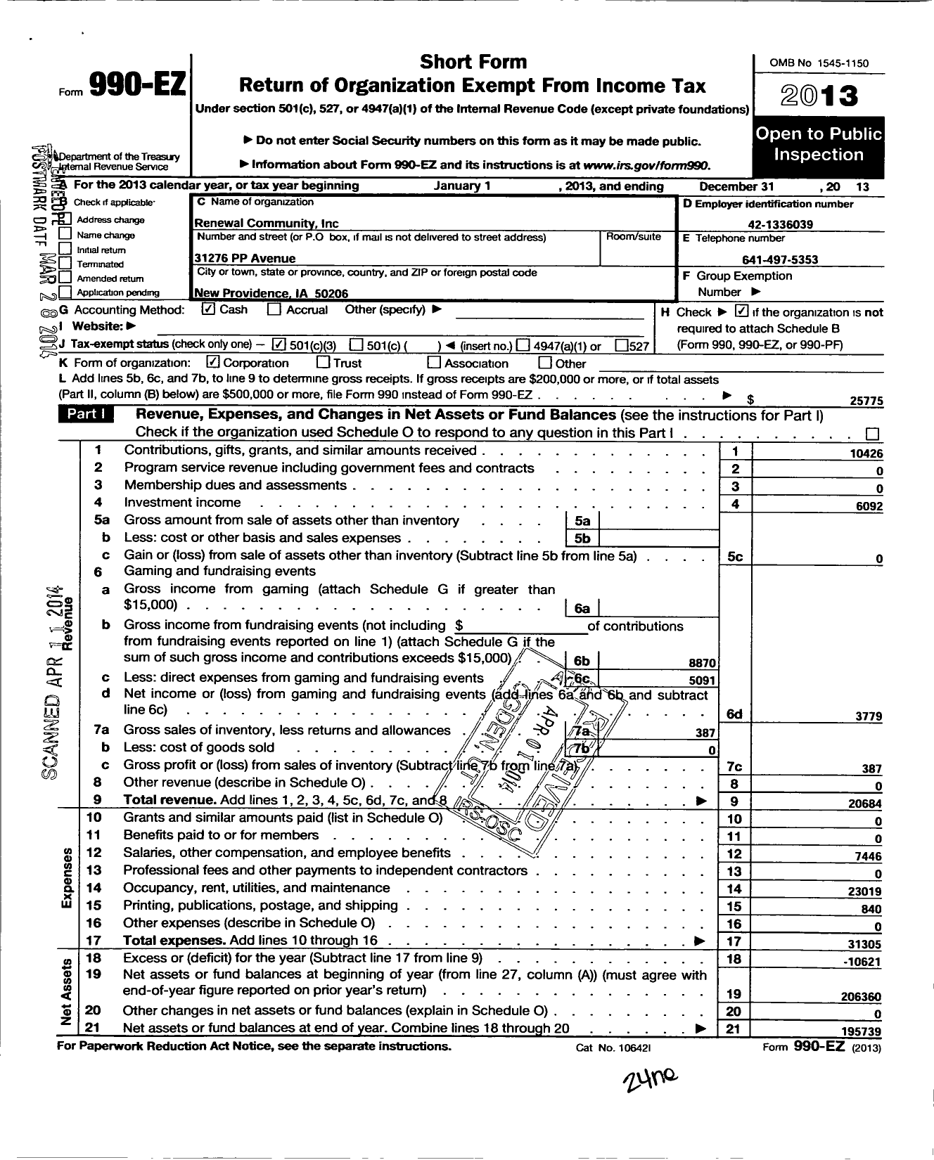 Image of first page of 2013 Form 990EZ for Renewal Community