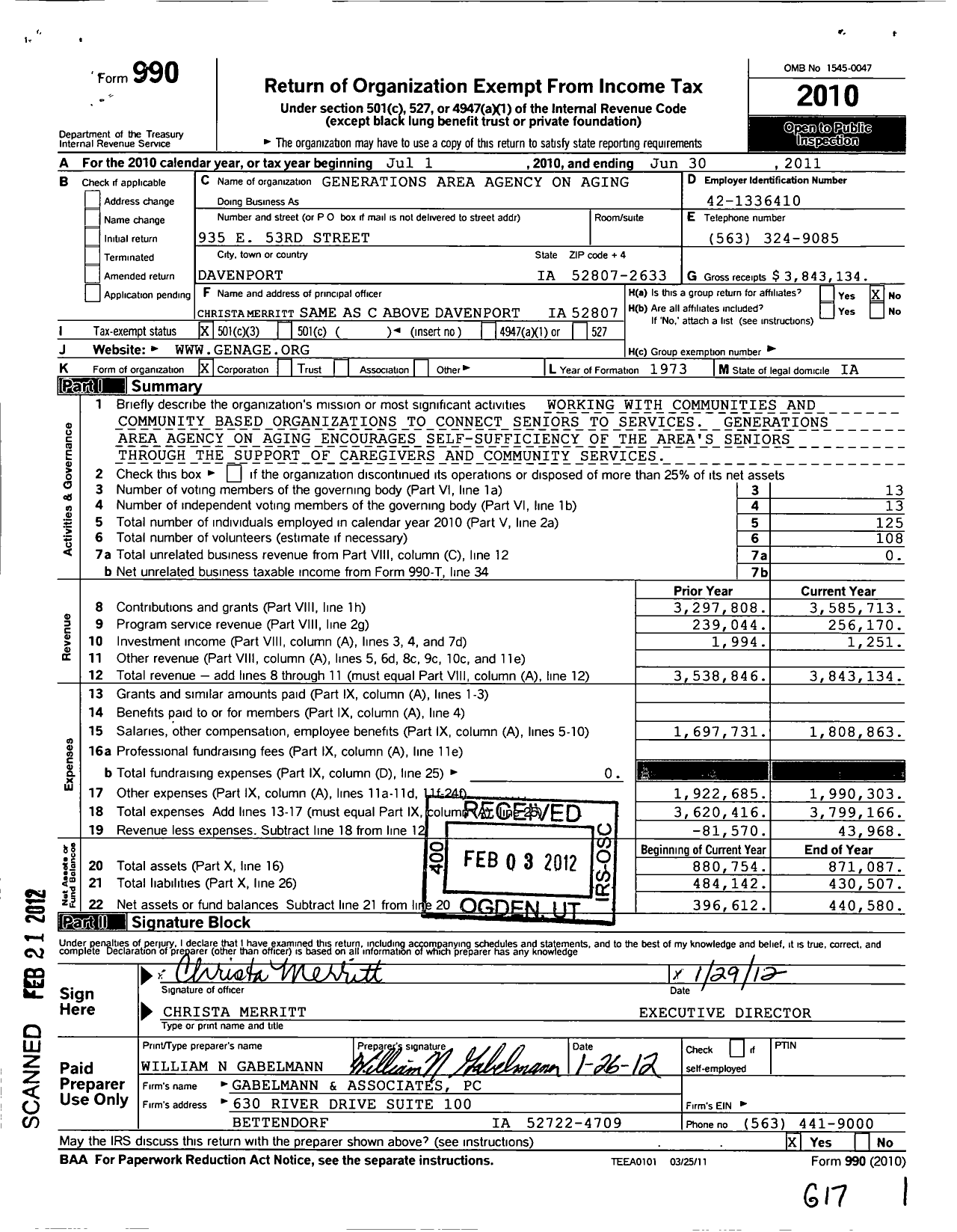 Image of first page of 2010 Form 990 for Generations Area Agency on Aging