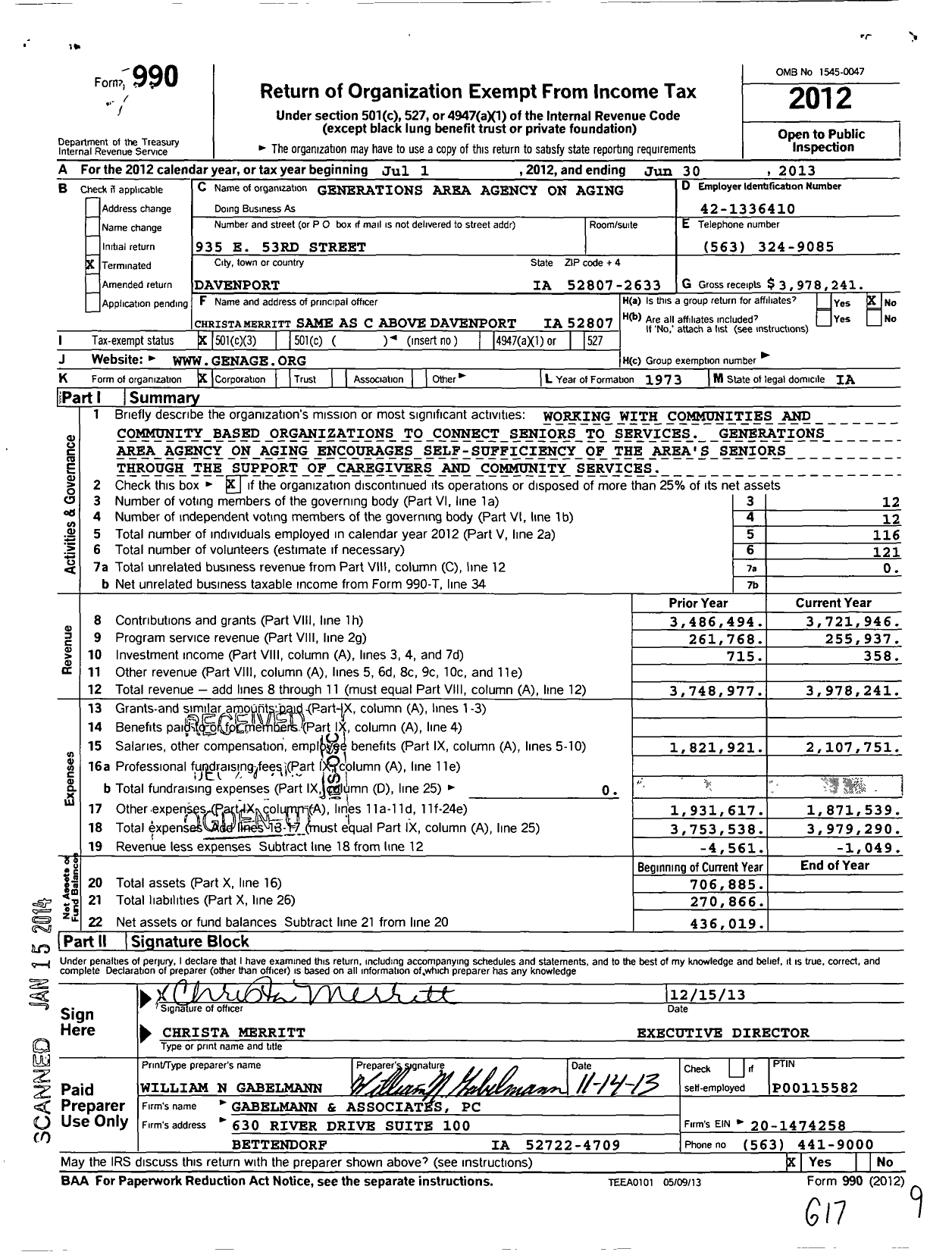 Image of first page of 2012 Form 990 for Generations Area Agency on Aging