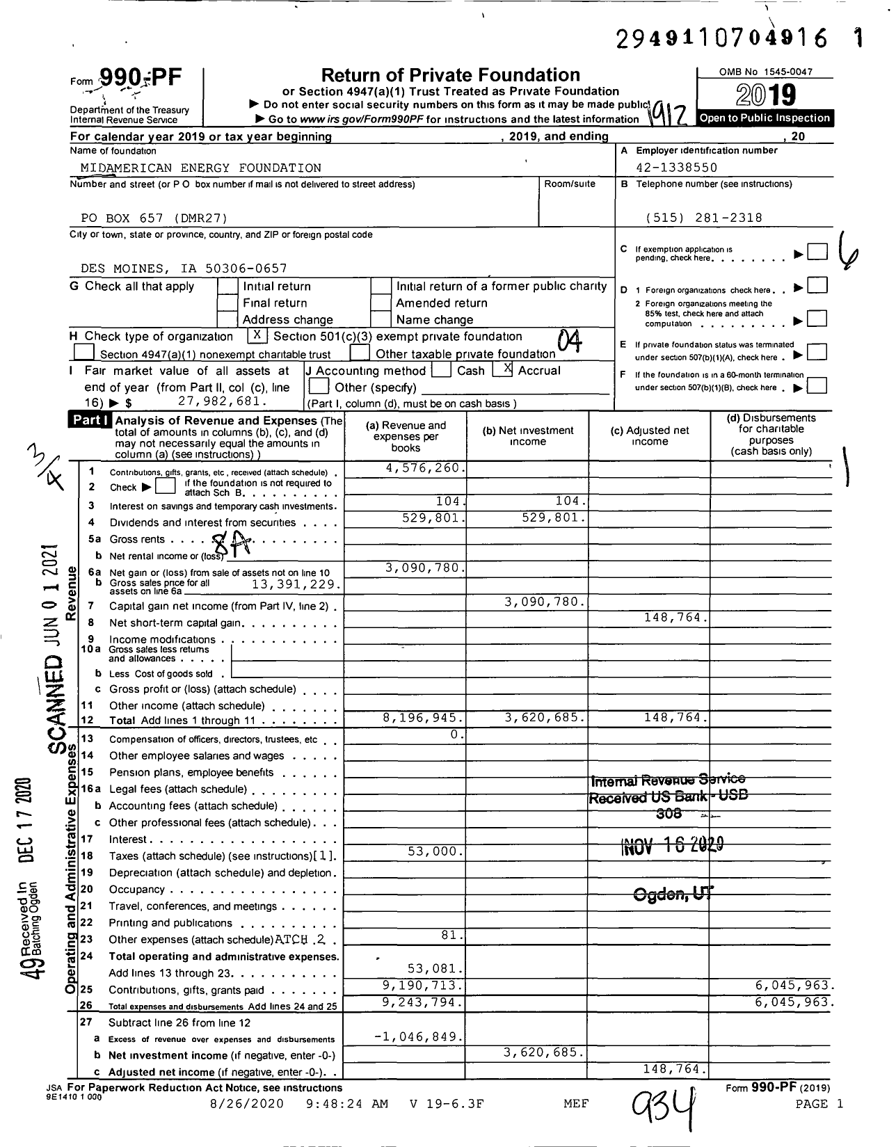 Image of first page of 2019 Form 990PF for MidAmerican Energy Foundation
