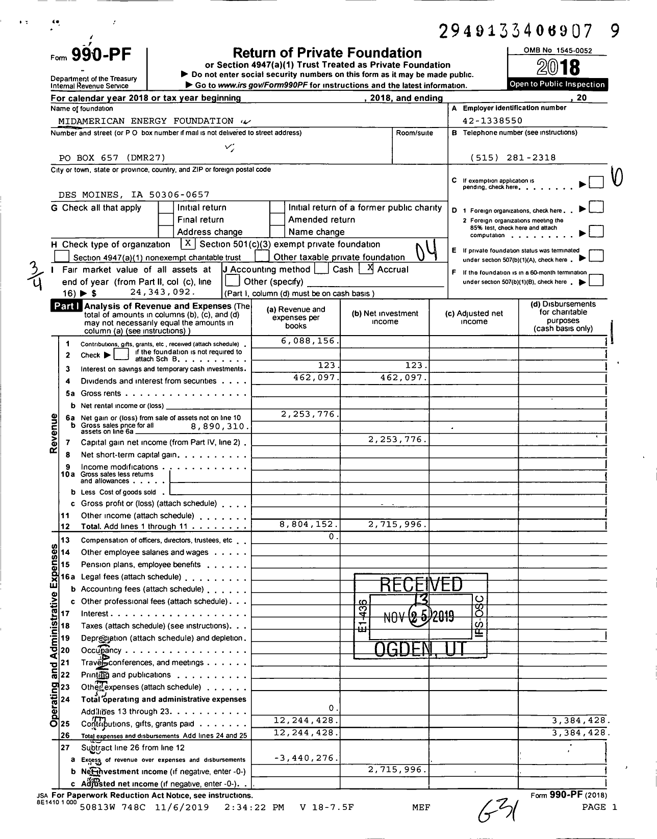 Image of first page of 2018 Form 990PF for MidAmerican Energy Foundation