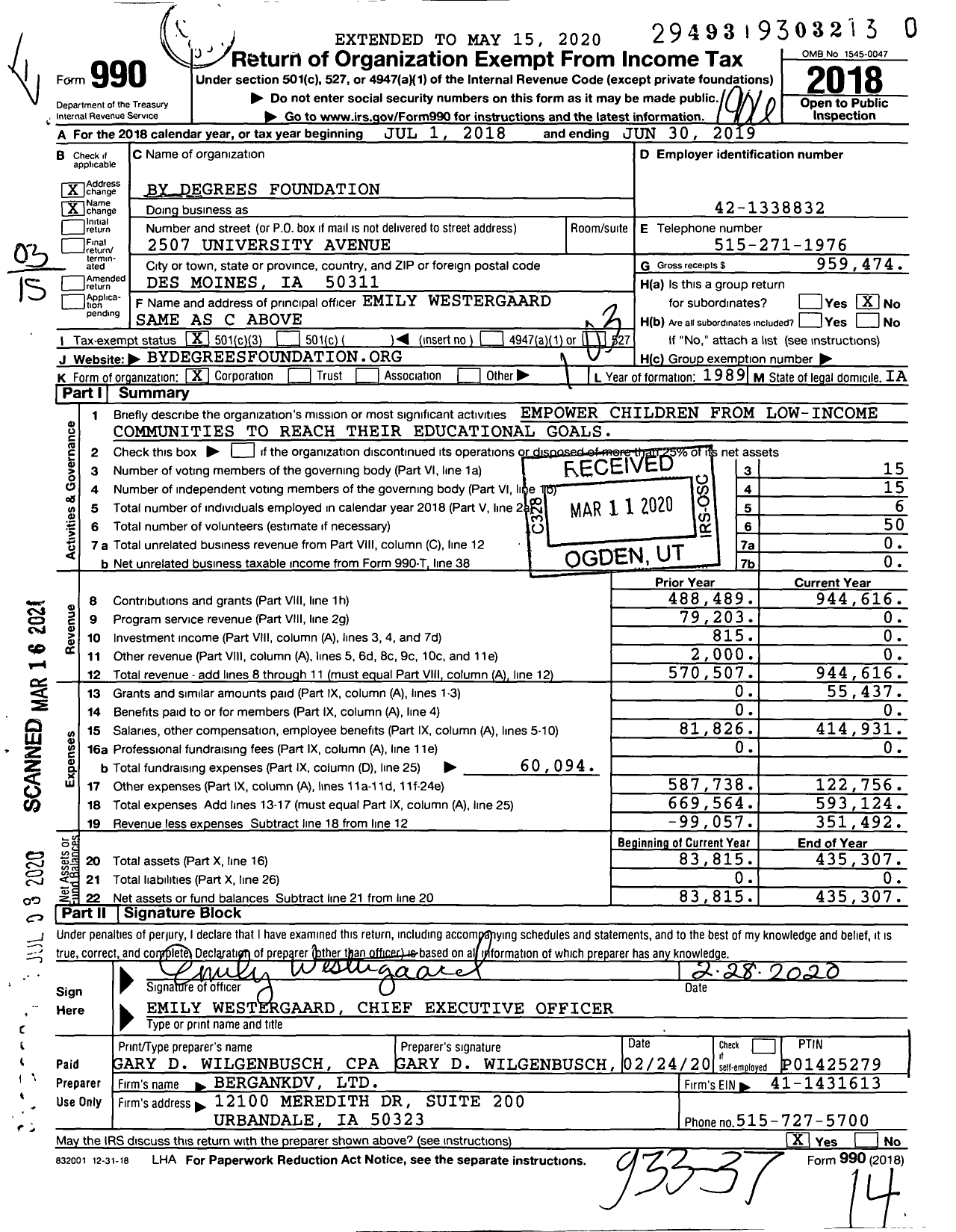 Image of first page of 2018 Form 990 for By Degrees Foundation