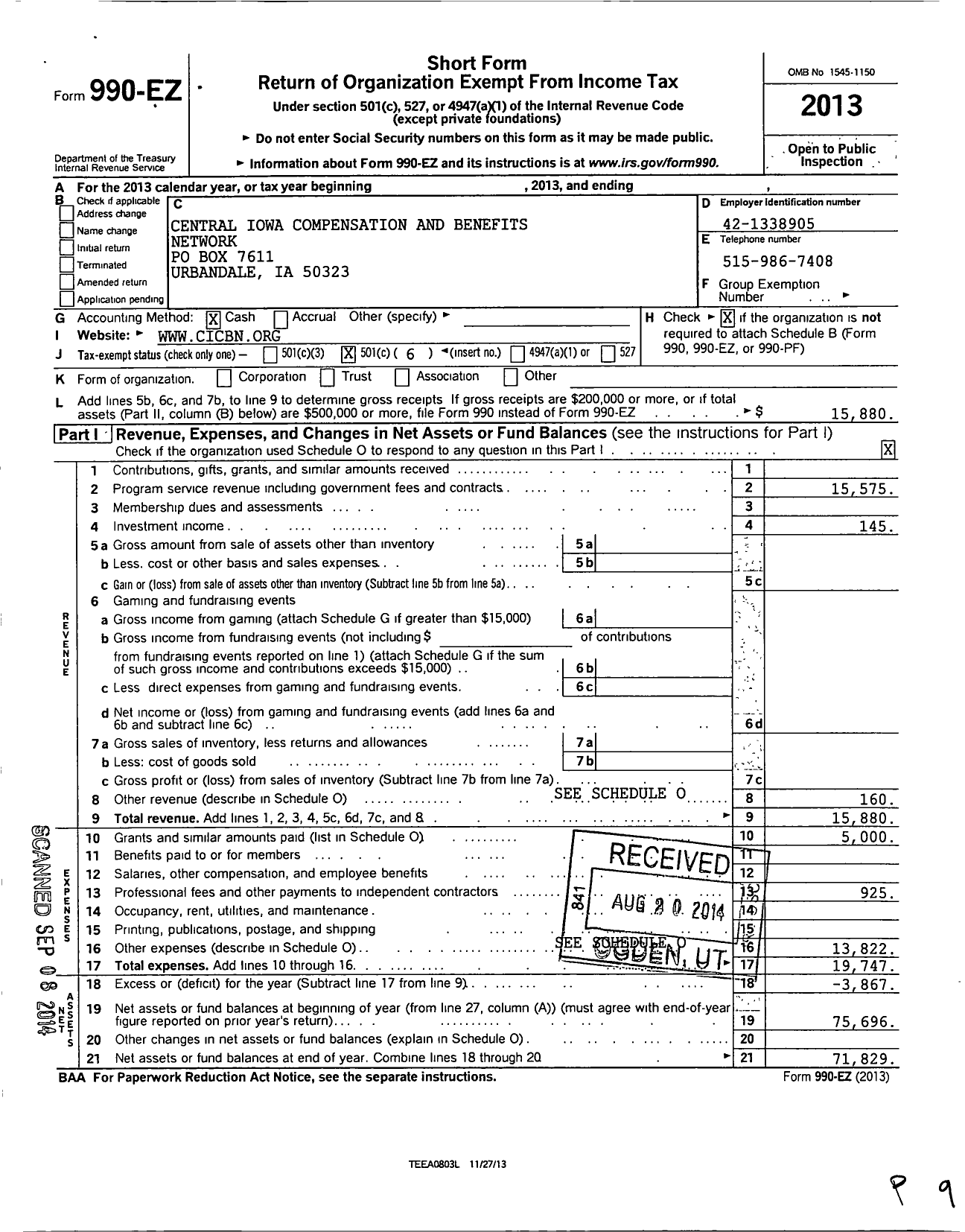 Image of first page of 2013 Form 990EO for Central Iowa Compensation and Benefits Network