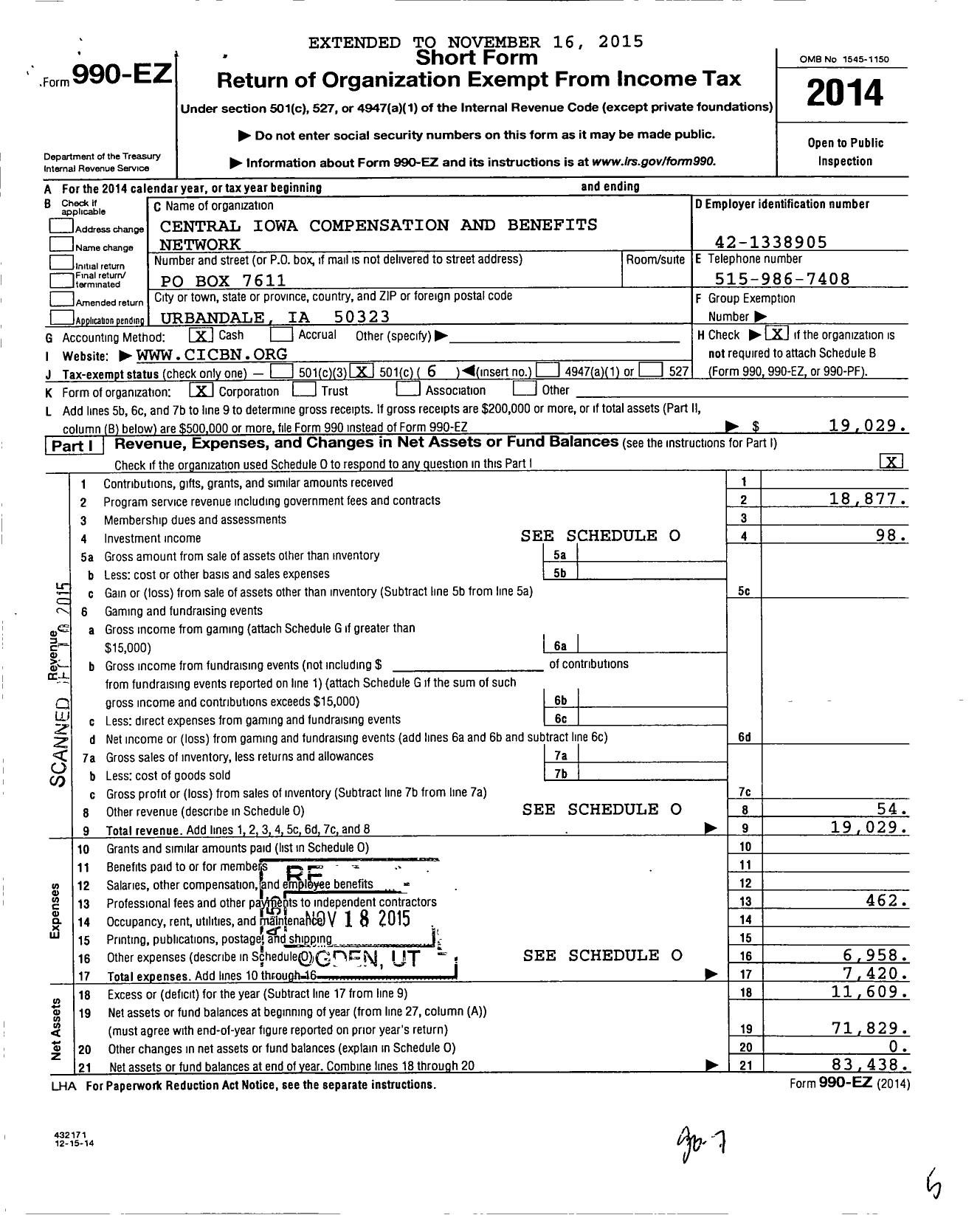 Image of first page of 2014 Form 990EO for Central Iowa Compensation and Benefits Network