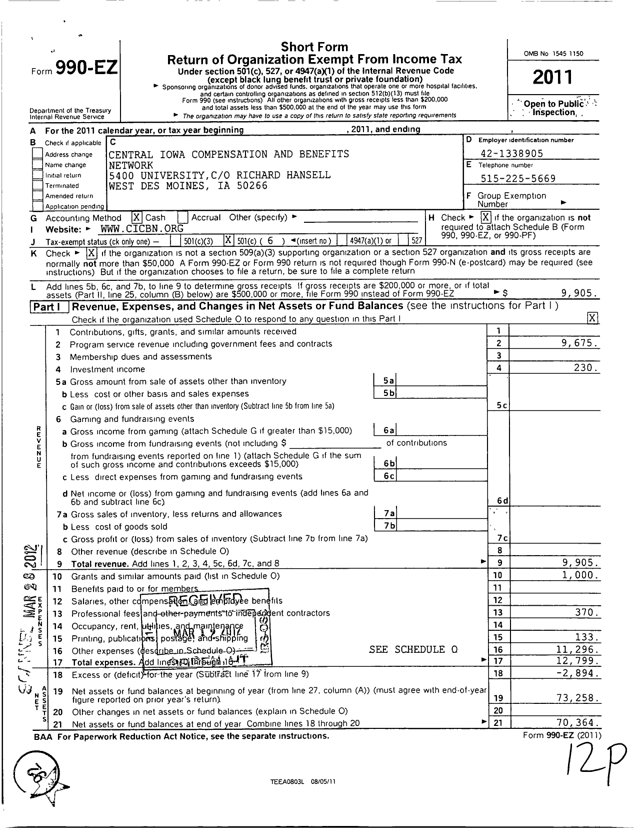 Image of first page of 2011 Form 990EO for Central Iowa Compensation and Benefits Network