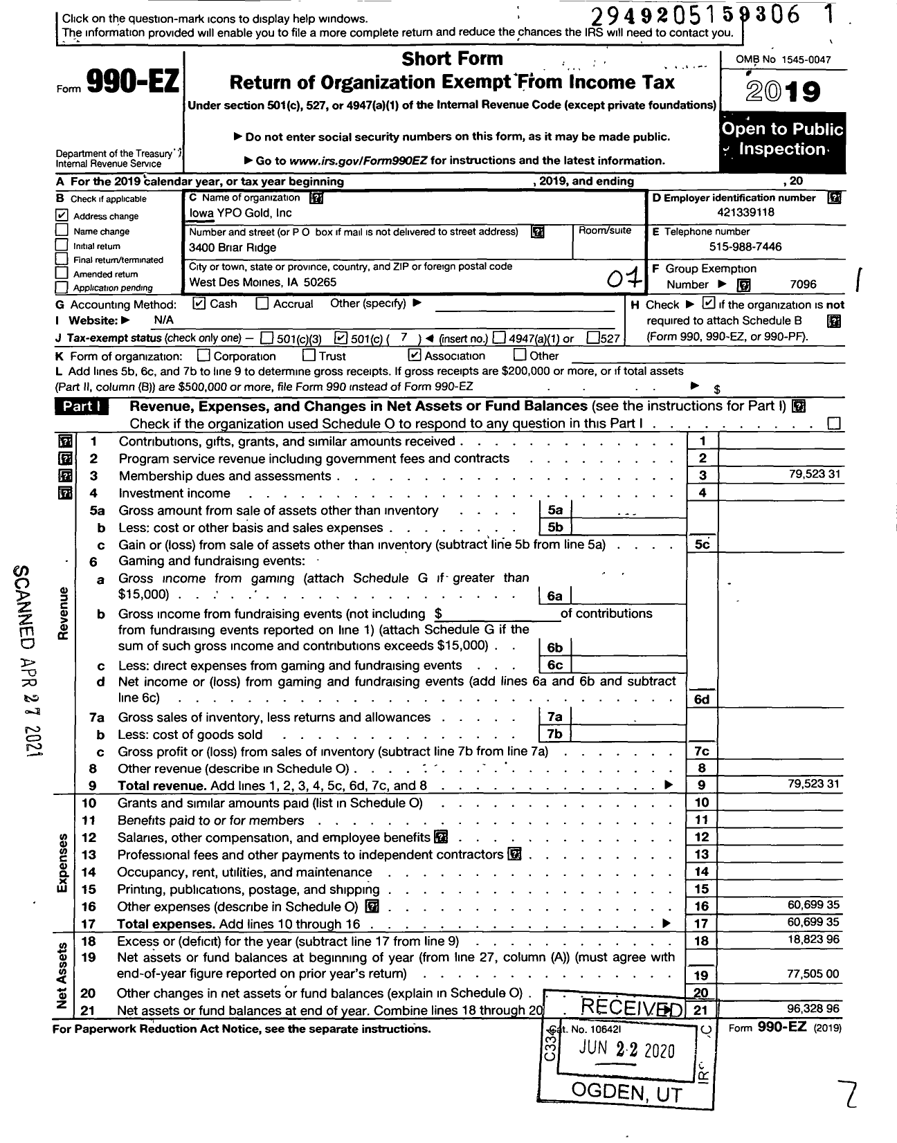 Image of first page of 2019 Form 990EO for Young Presidents' Organization - Iowa YPO Gold