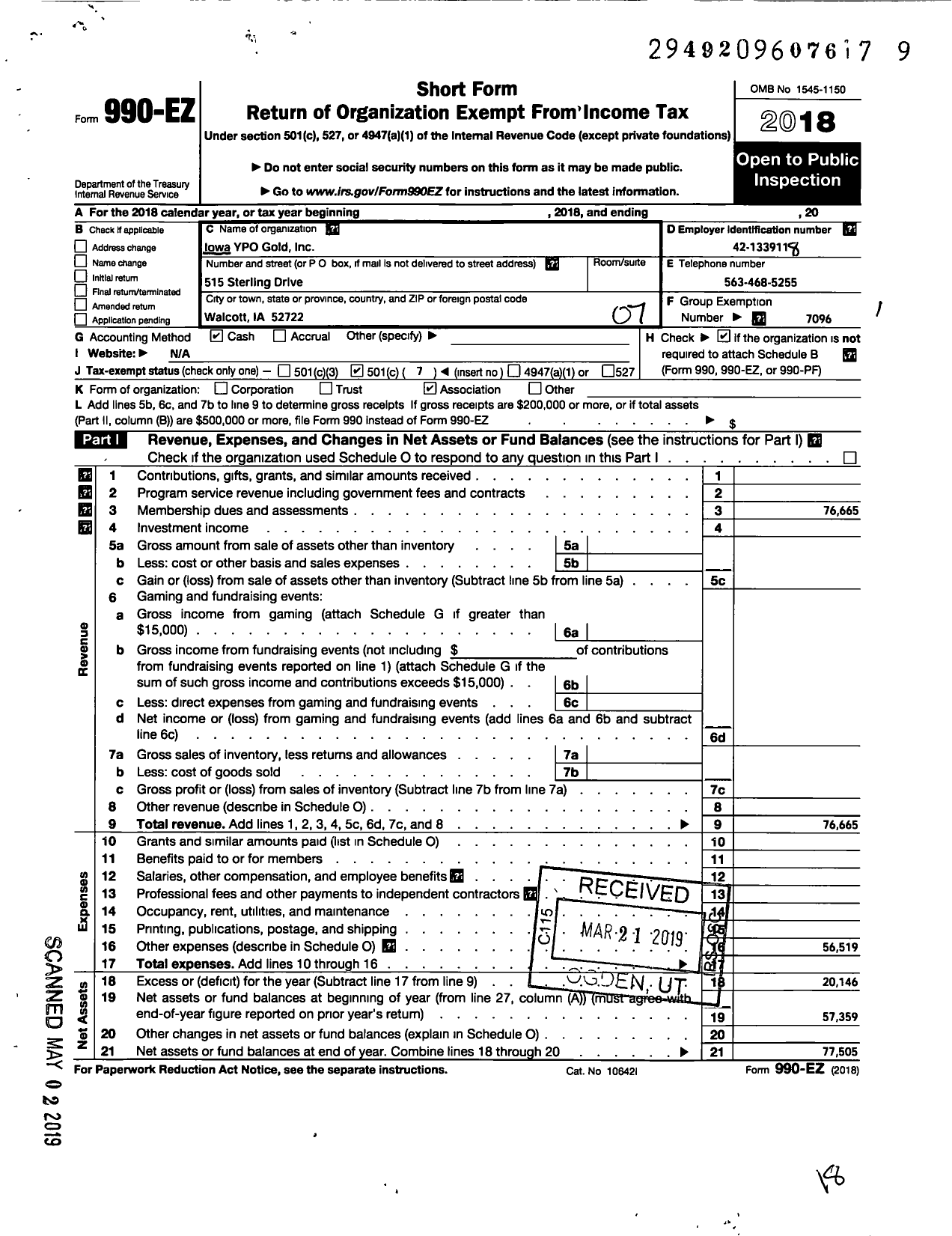 Image of first page of 2018 Form 990EO for Young Presidents' Organization - Iowa YPO Gold