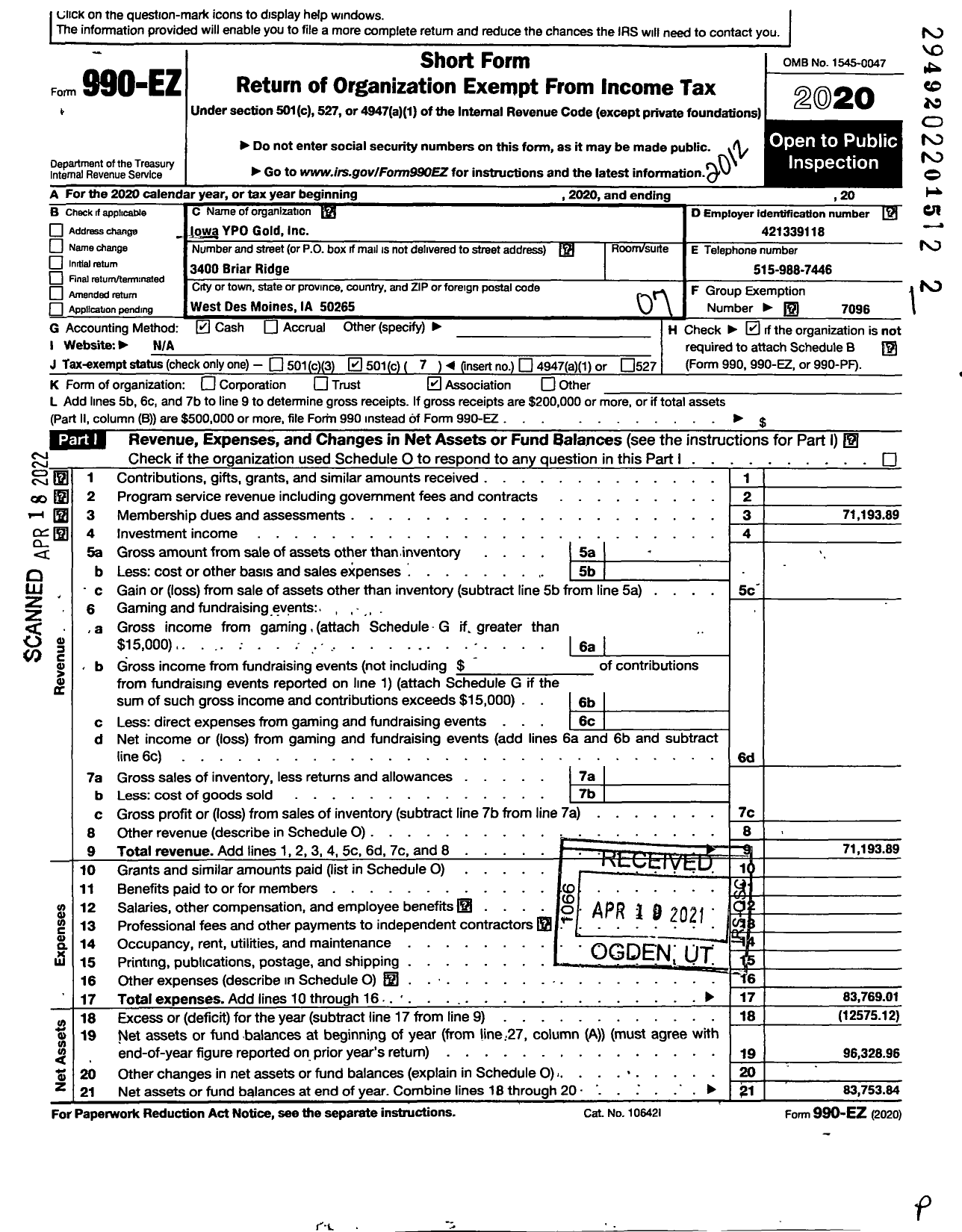 Image of first page of 2020 Form 990EO for Young Presidents' Organization - Iowa YPO Gold