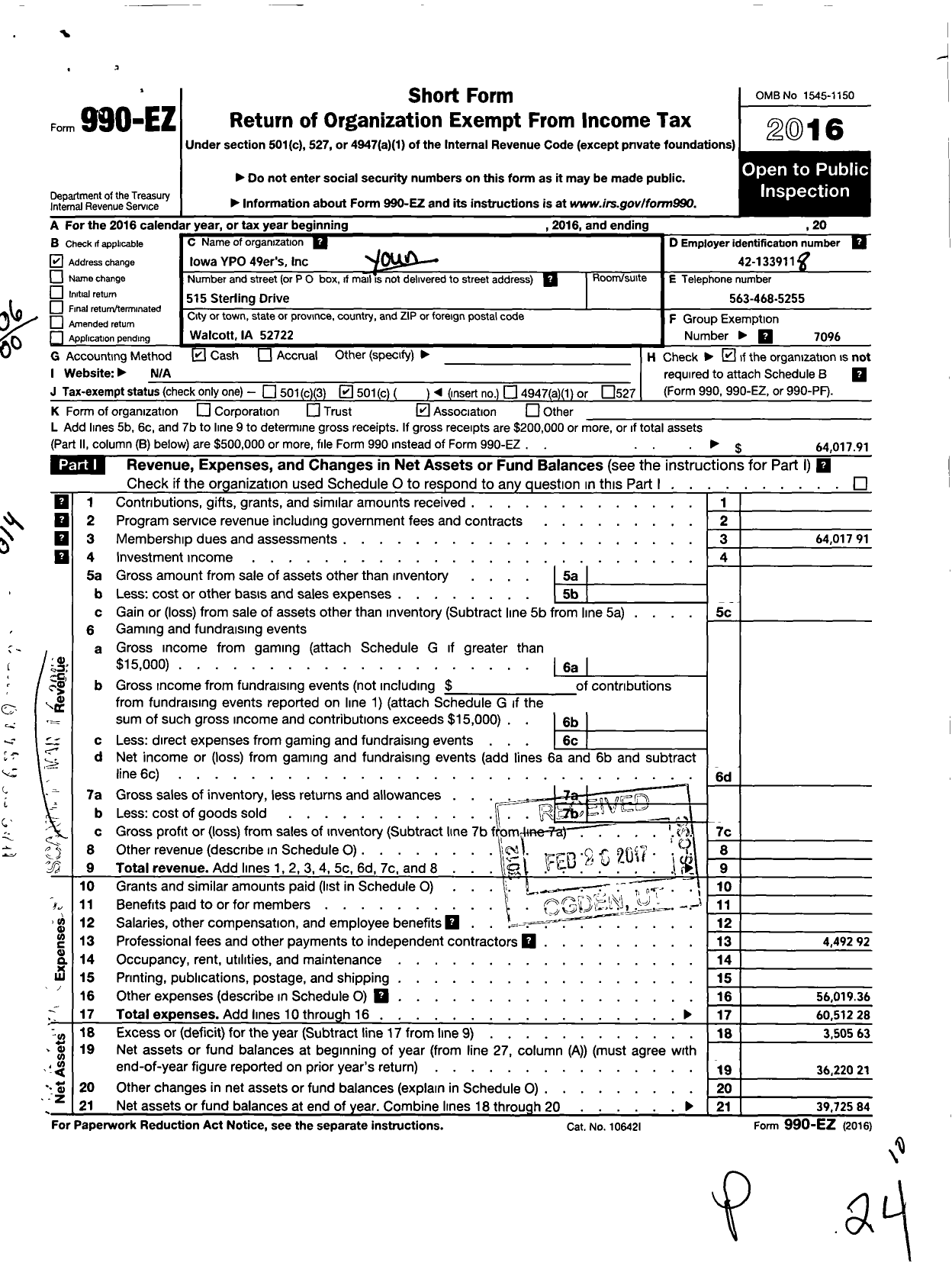 Image of first page of 2016 Form 990EO for Young Presidents' Organization - Iowa YPO Gold