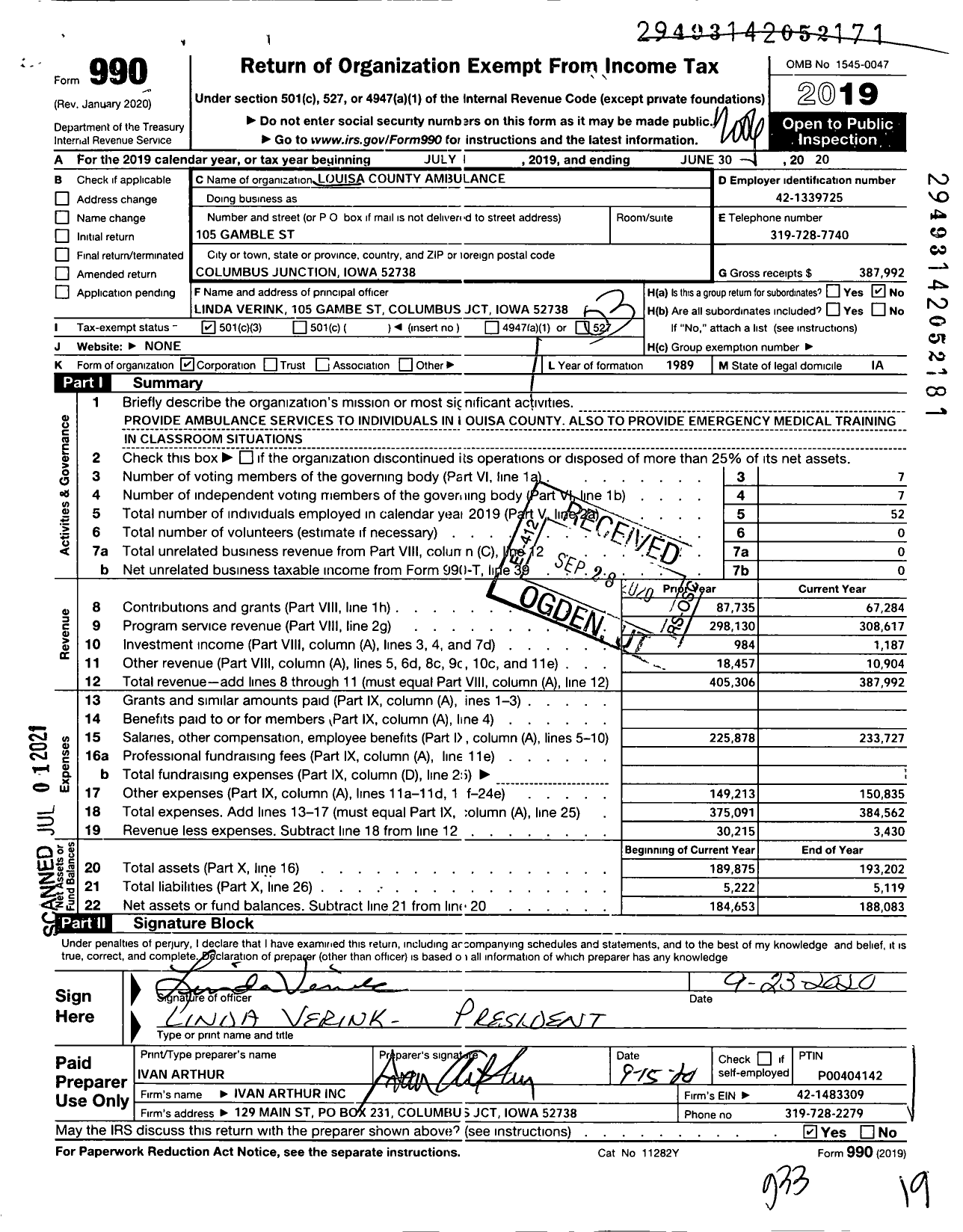 Image of first page of 2019 Form 990 for Louisa County Ambulance