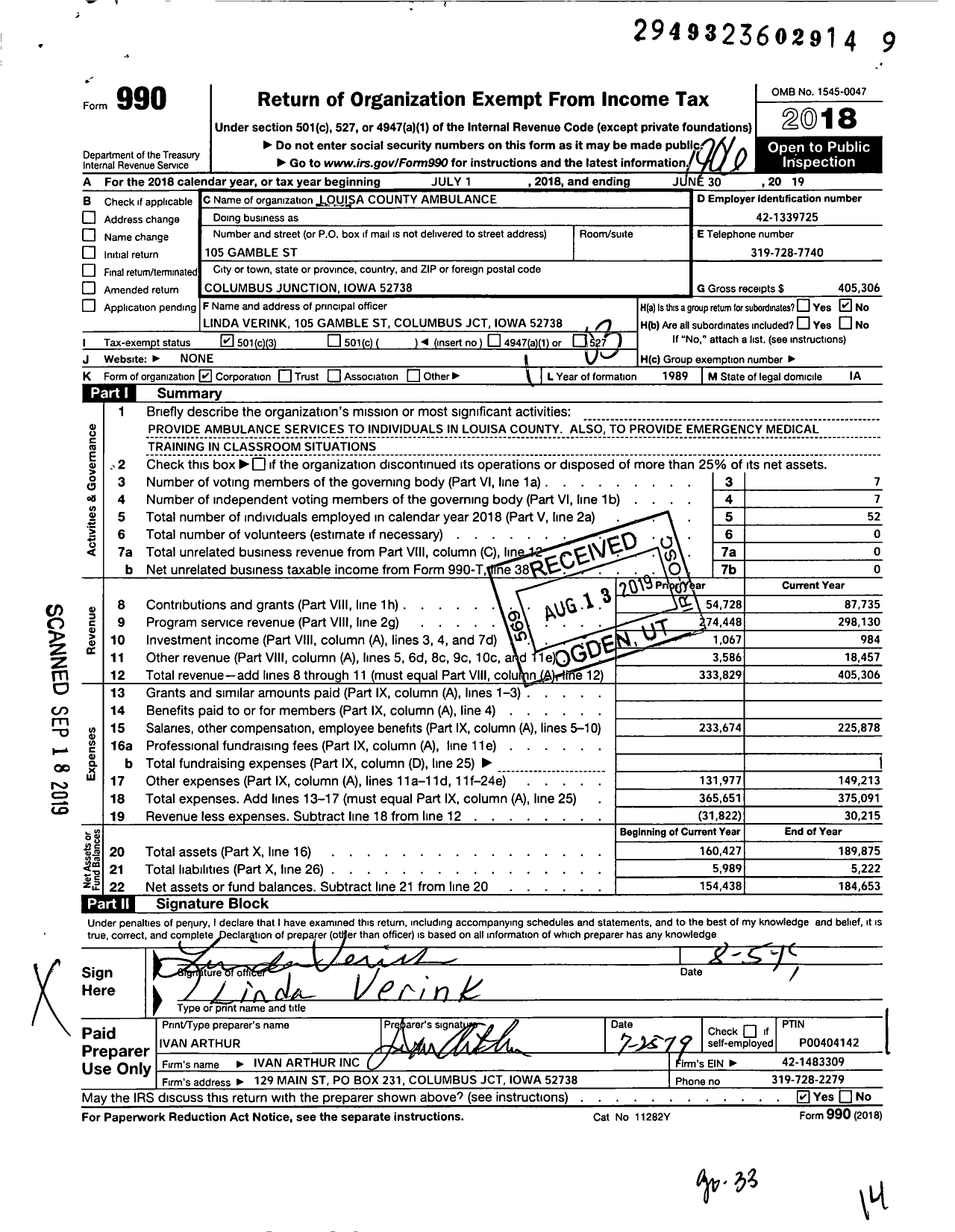 Image of first page of 2018 Form 990 for Louisa County Ambulance