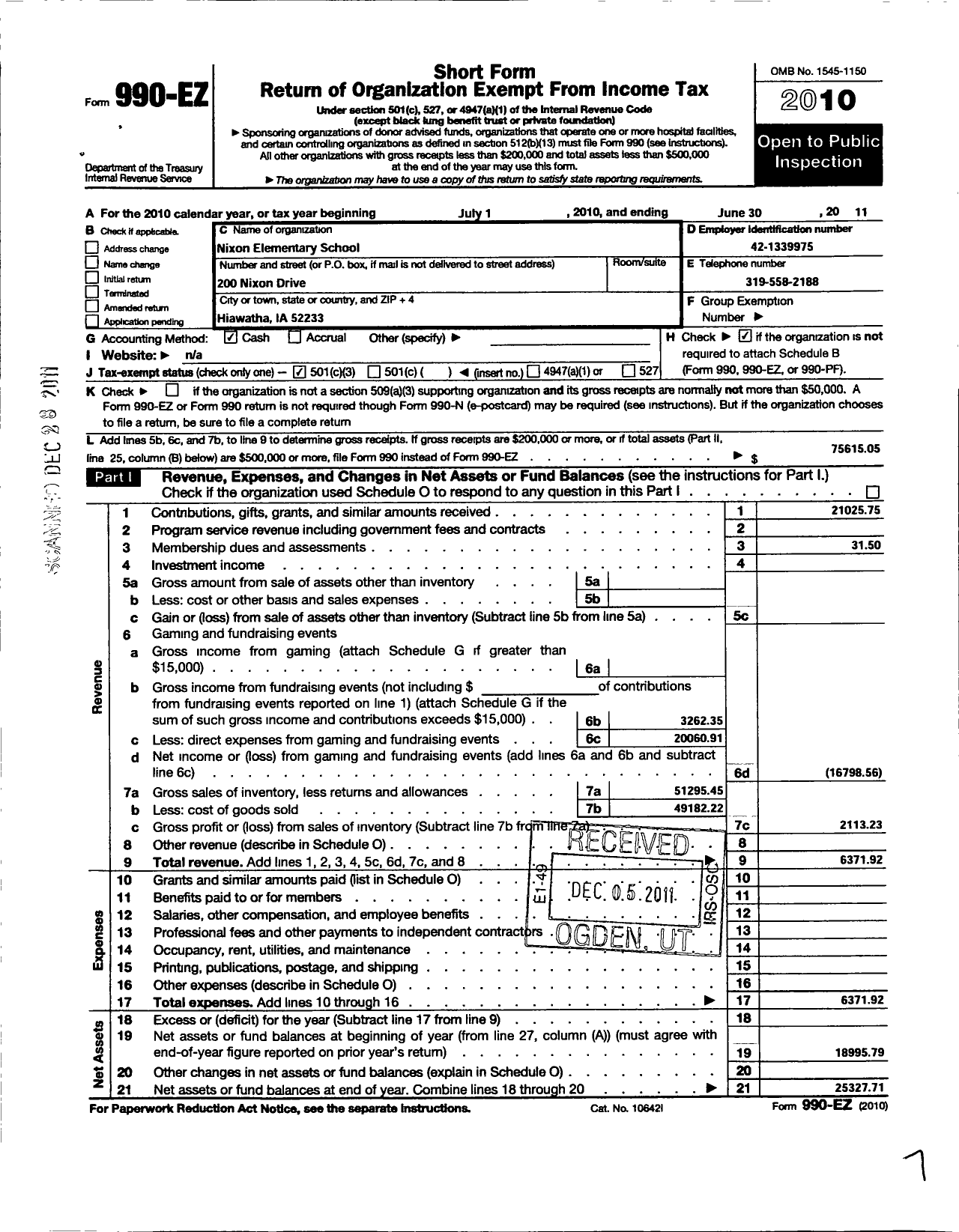 Image of first page of 2010 Form 990EZ for PTA Iowa Congress / Nixon Elementary PTA