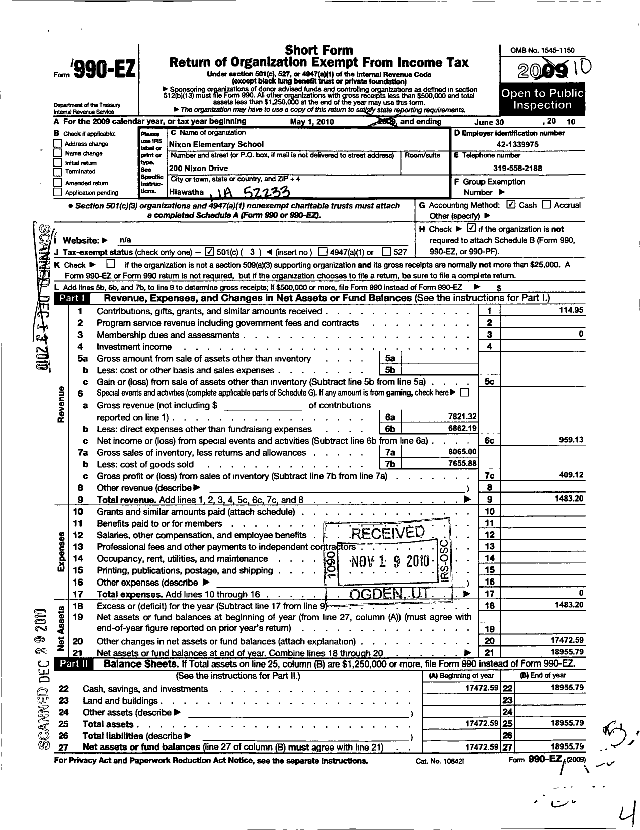 Image of first page of 2009 Form 990EZ for PTA Iowa Congress / Nixon Elementary PTA