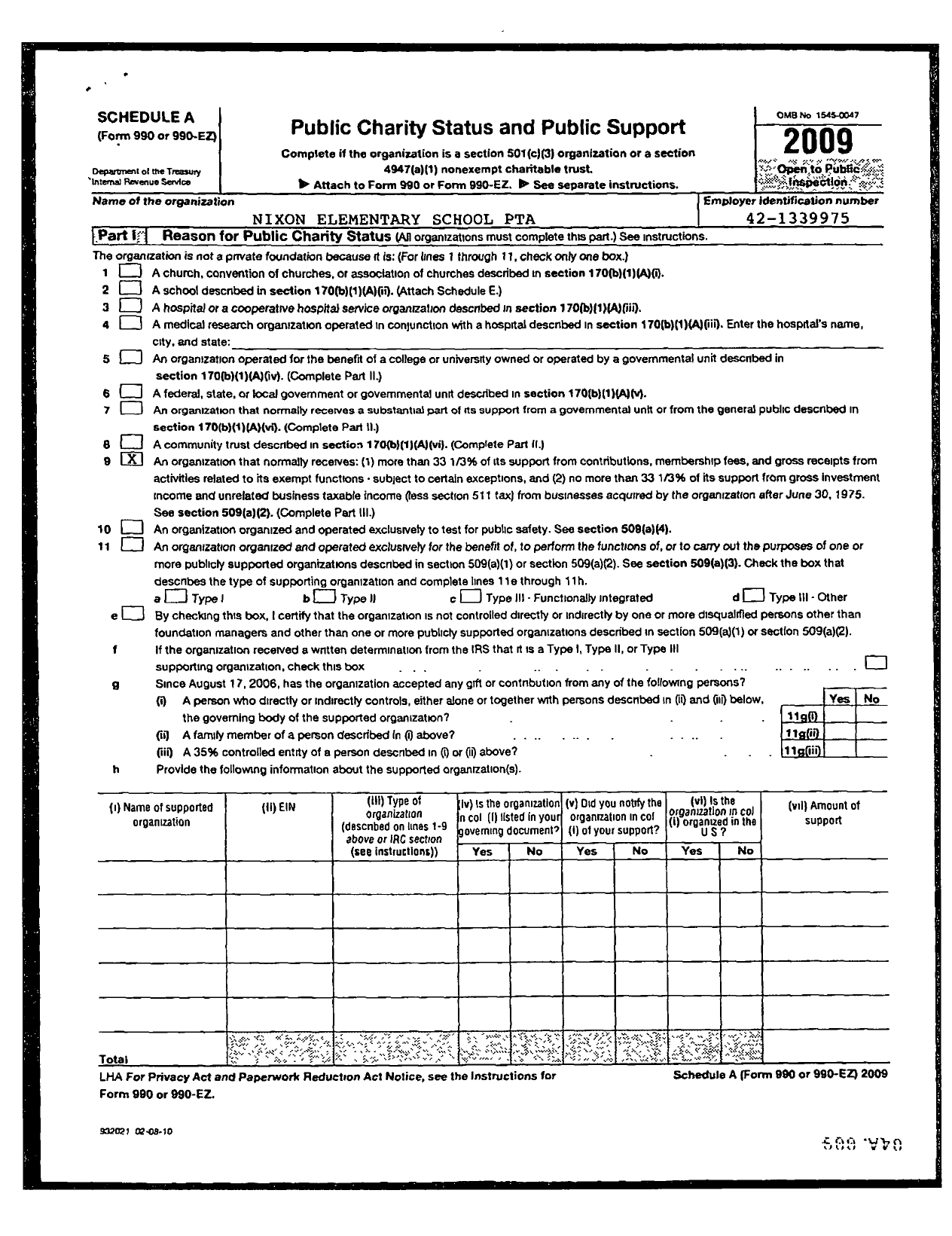 Image of first page of 2009 Form 990ER for PTA Iowa Congress / Nixon Elementary PTA