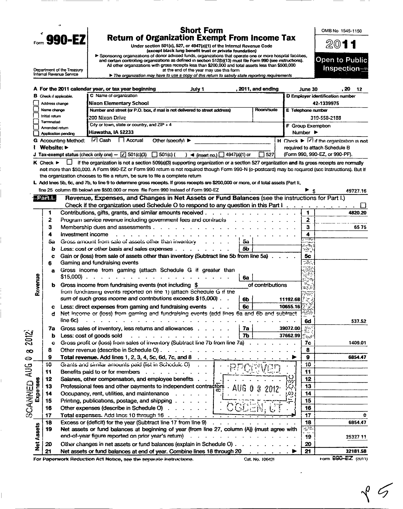 Image of first page of 2011 Form 990EZ for PTA Iowa Congress / Nixon Elementary PTA