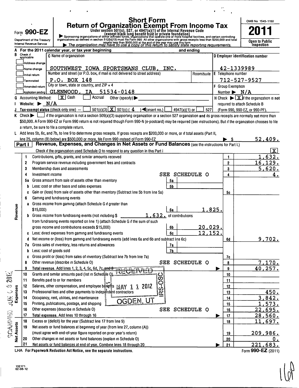 Image of first page of 2011 Form 990EO for Southwest Iowa Sportmans Club