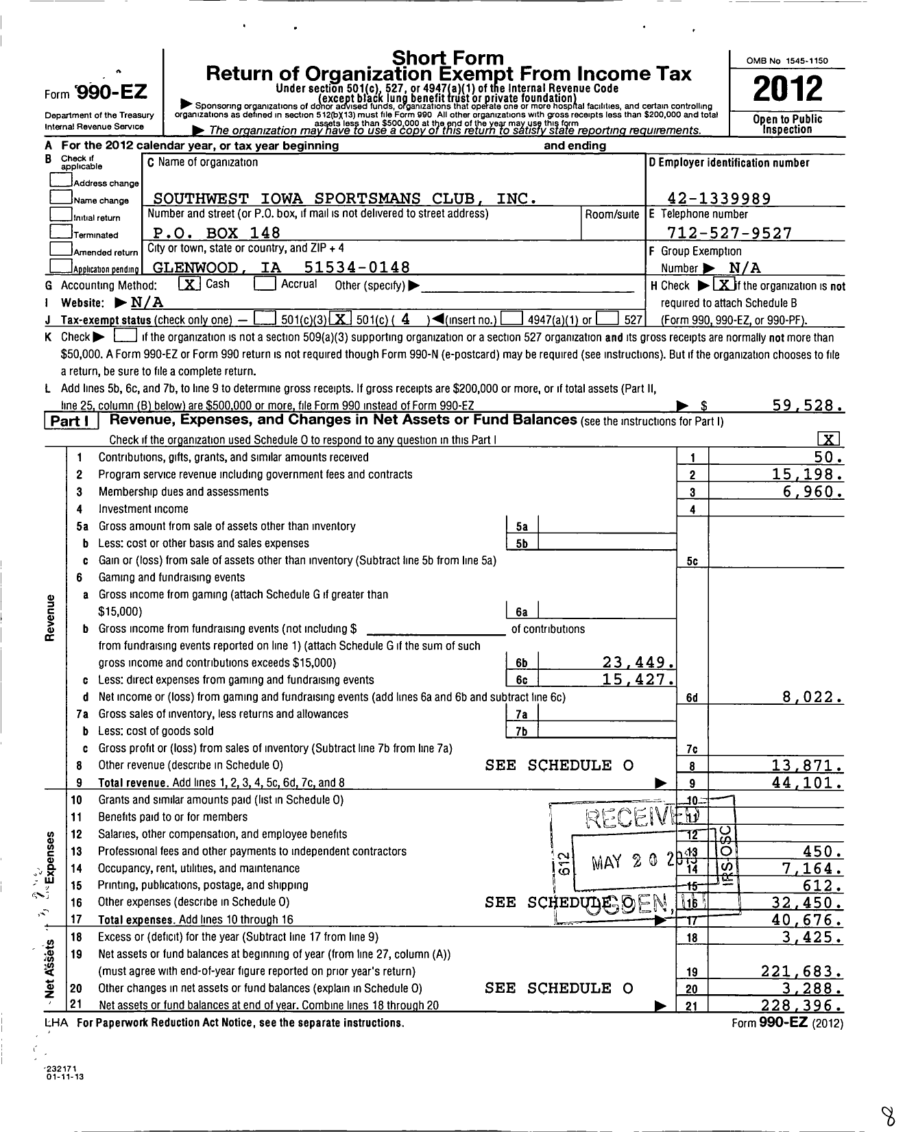 Image of first page of 2012 Form 990EO for Southwest Iowa Sportmans Club