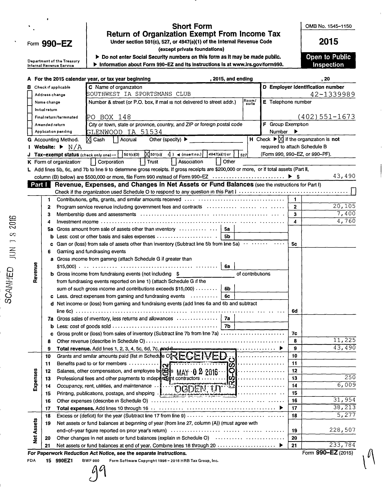 Image of first page of 2015 Form 990EO for Southwest Iowa Sportmans Club