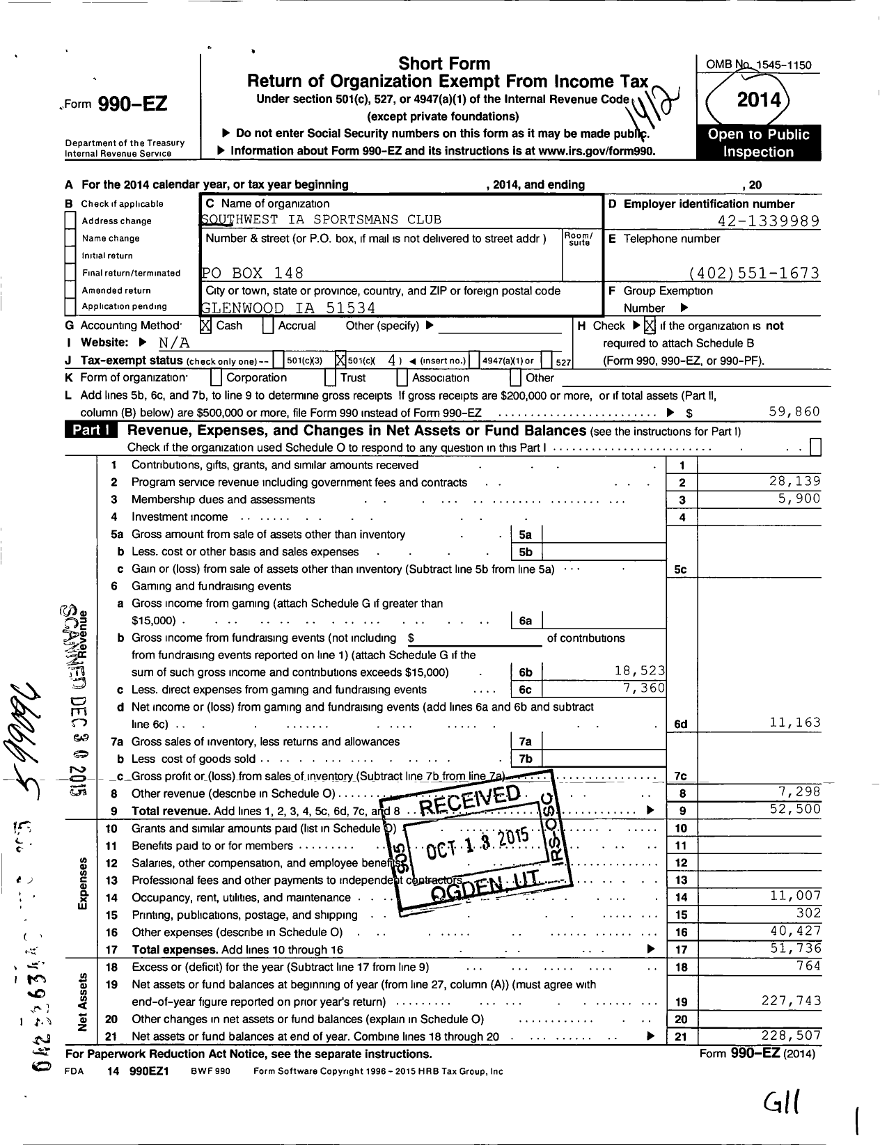 Image of first page of 2014 Form 990EO for Southwest Iowa Sportmans Club