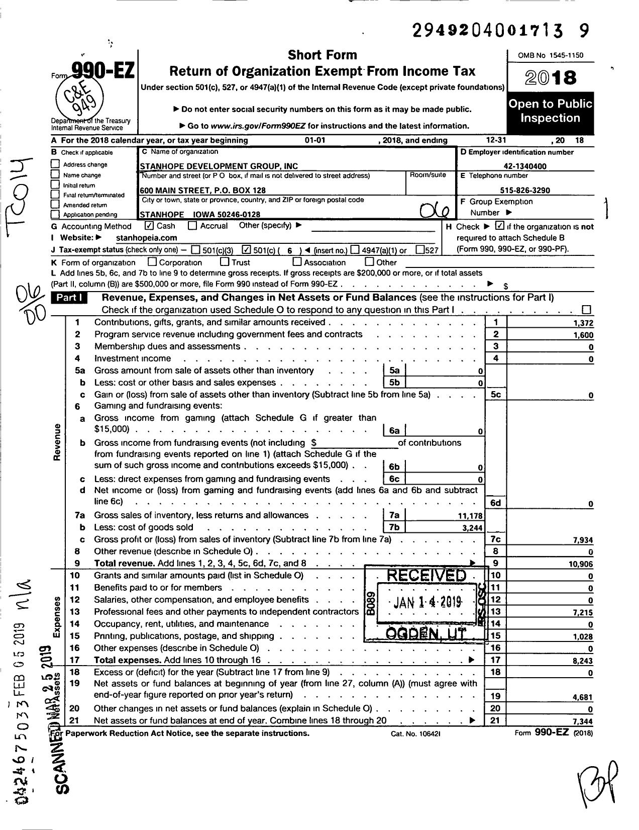 Image of first page of 2018 Form 990EO for Stanhope Development Group