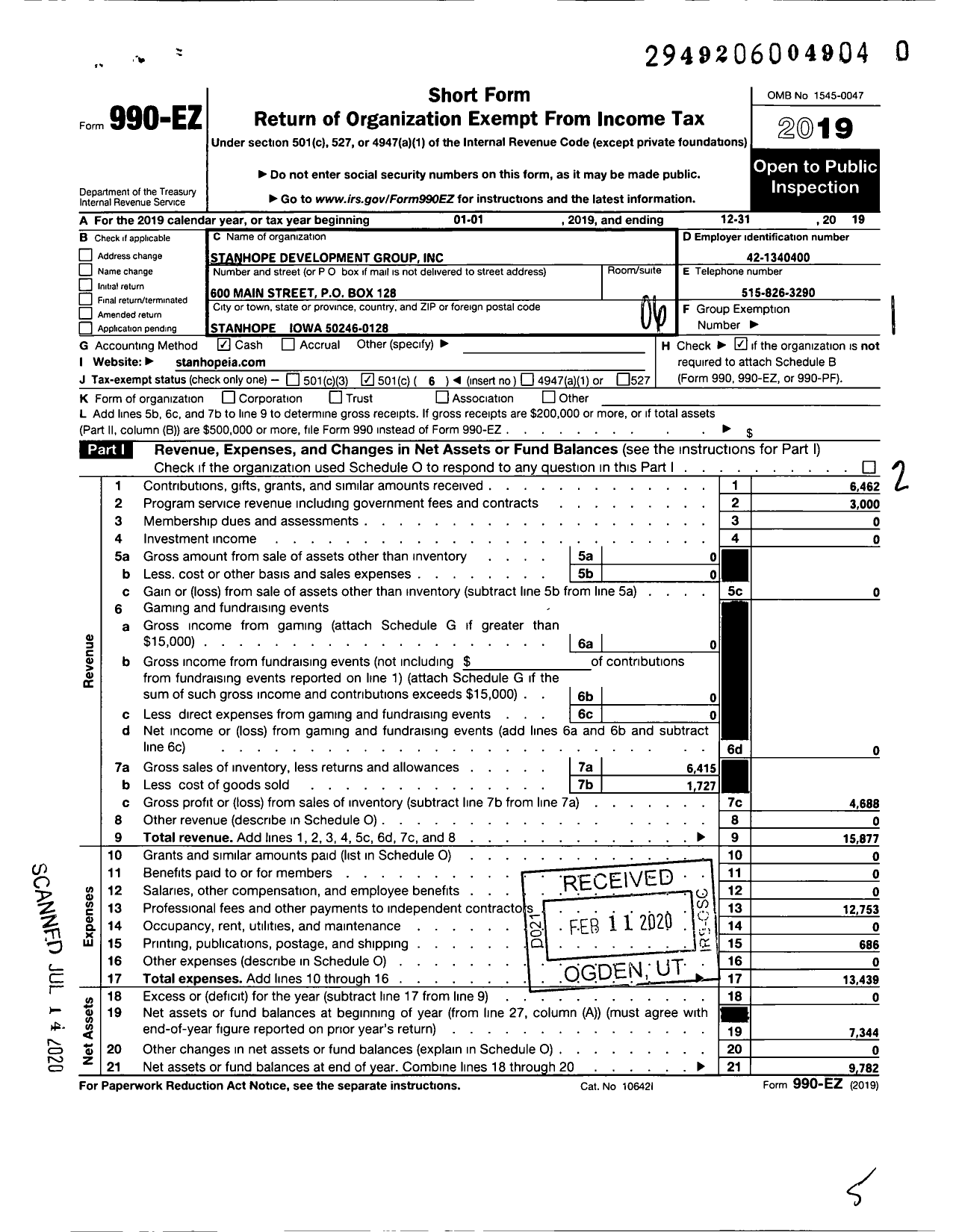 Image of first page of 2019 Form 990EO for Stanhope Development Group