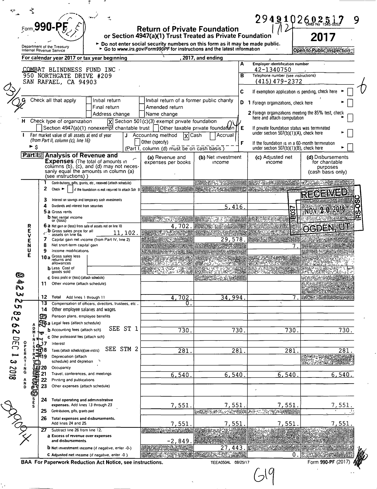 Image of first page of 2017 Form 990PF for Combat Blindness Fund