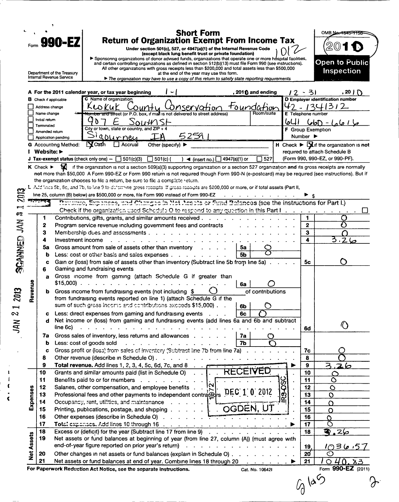 Image of first page of 2010 Form 990EO for Keokuk County Conservation Foundation