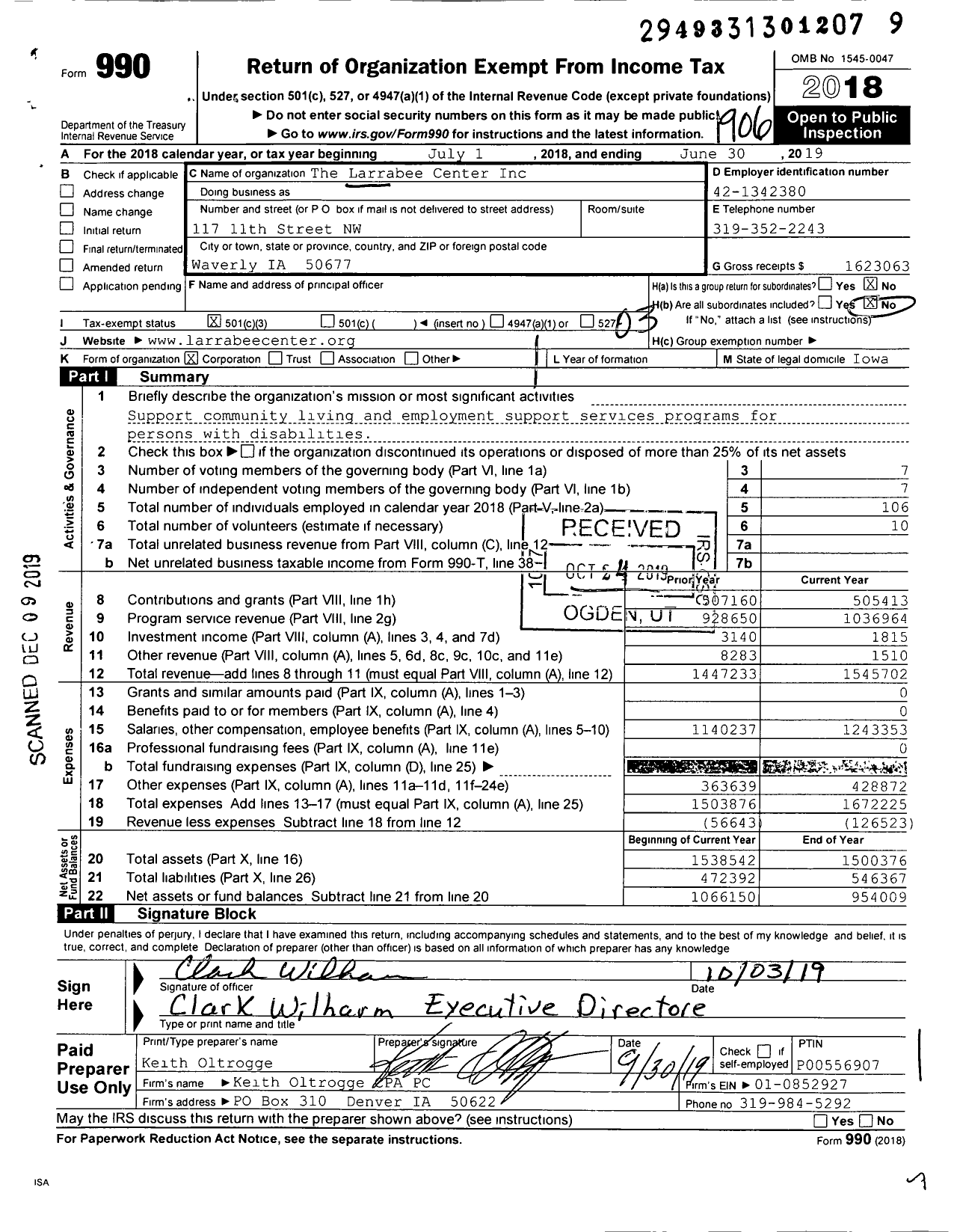 Image of first page of 2018 Form 990 for The Larrabee Center