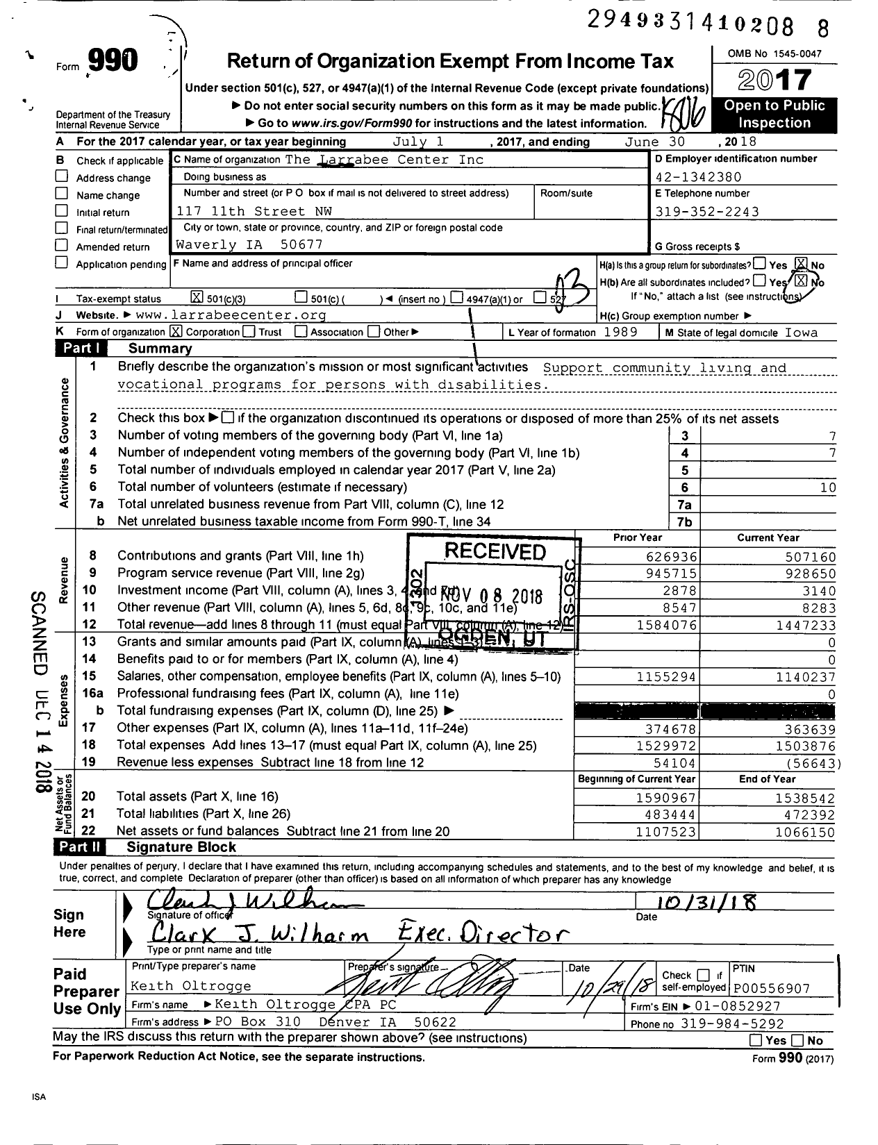 Image of first page of 2017 Form 990 for The Larrabee Center
