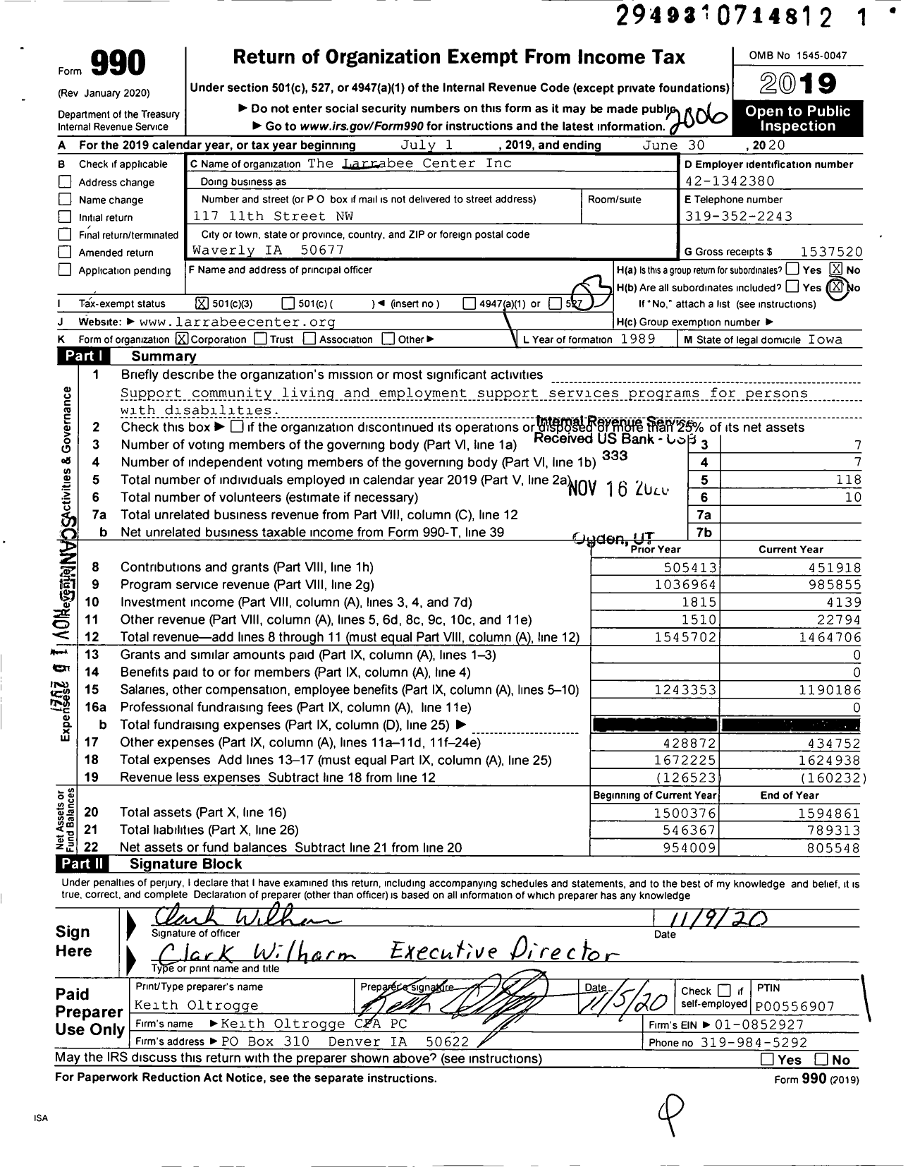 Image of first page of 2019 Form 990 for The Larrabee Center