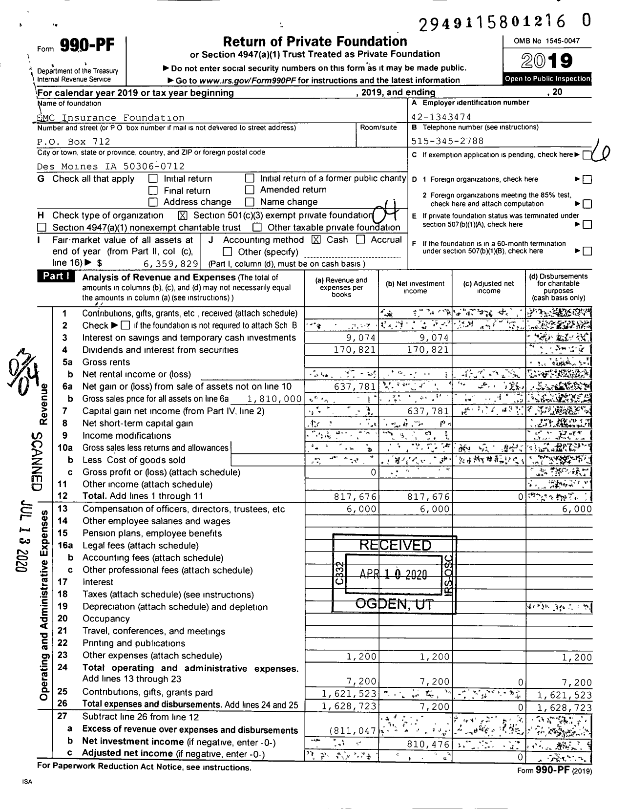 Image of first page of 2019 Form 990PR for EMC Insurance Foundation