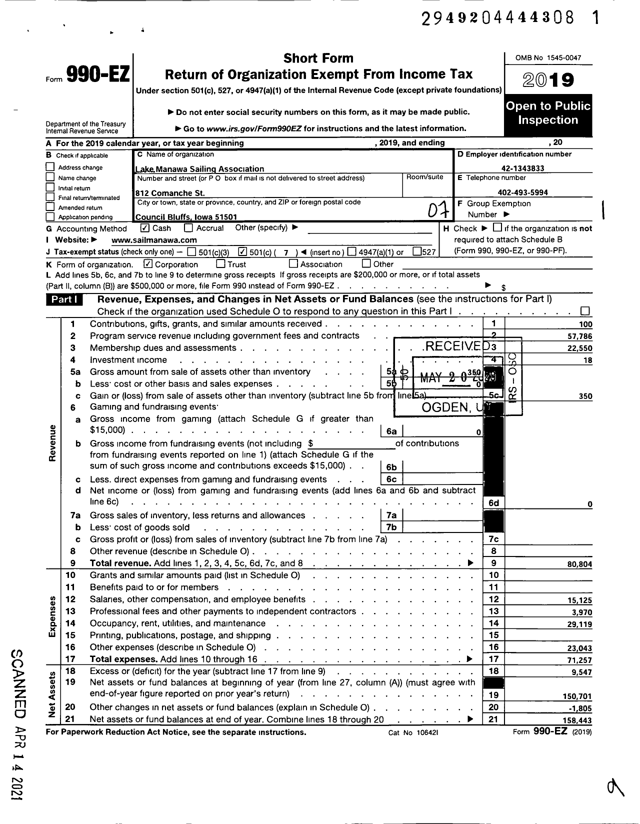 Image of first page of 2019 Form 990EO for Lake Manawa Sailing Association