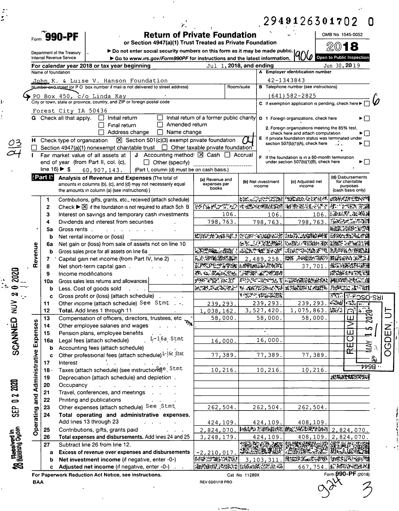 Image of first page of 2018 Form 990PF for John K and Luise V Hanson Foundation