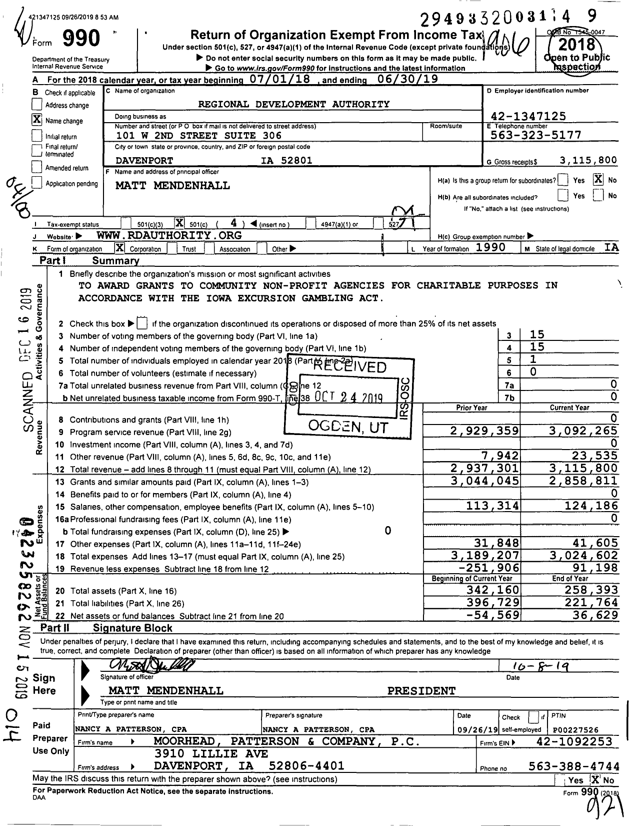 Image of first page of 2018 Form 990O for Regional Development Authority