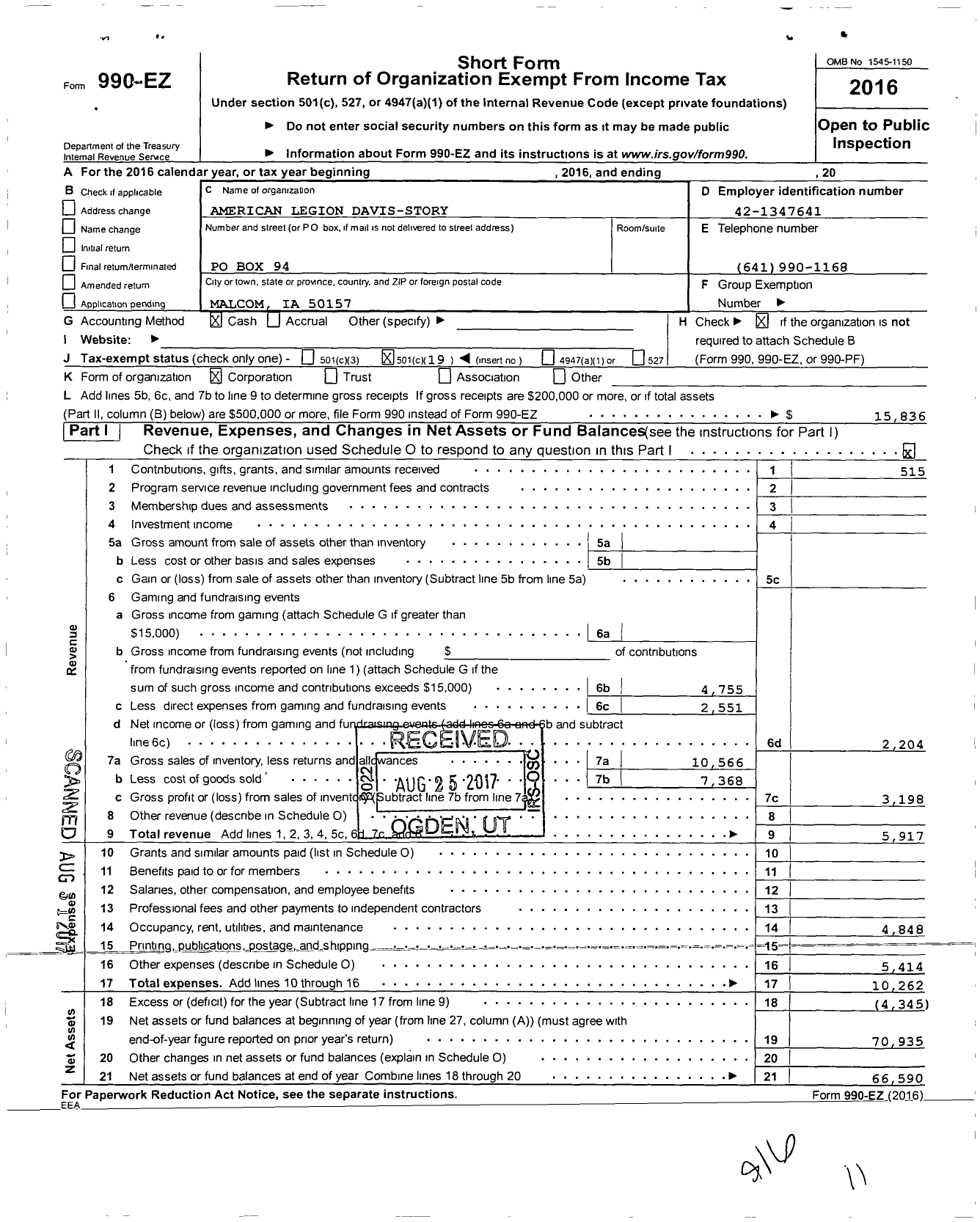 Image of first page of 2016 Form 990EO for American Legion - Davis-Story Post 733