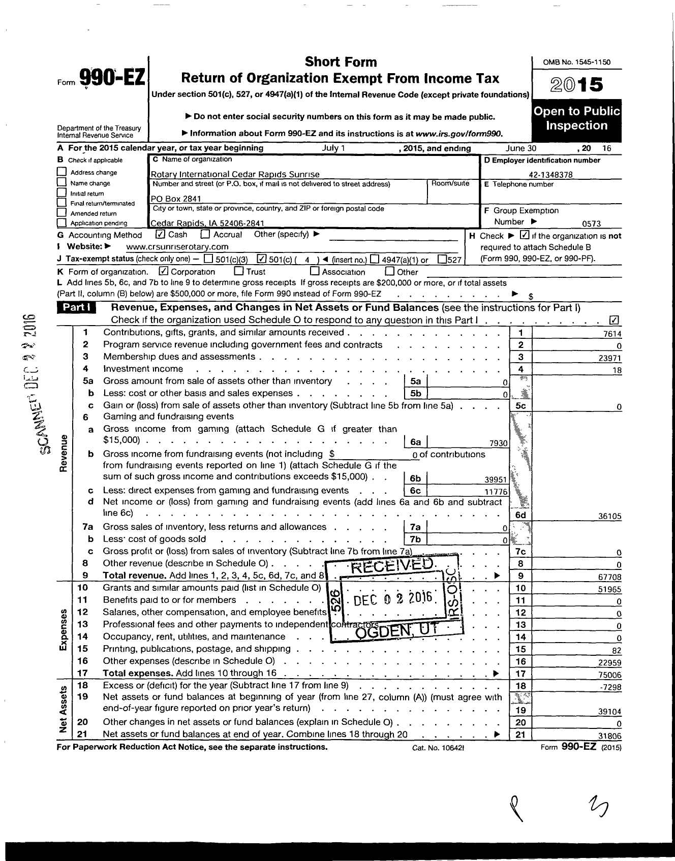 Image of first page of 2015 Form 990EO for Rotary International - Cedar Rapids Sunrise