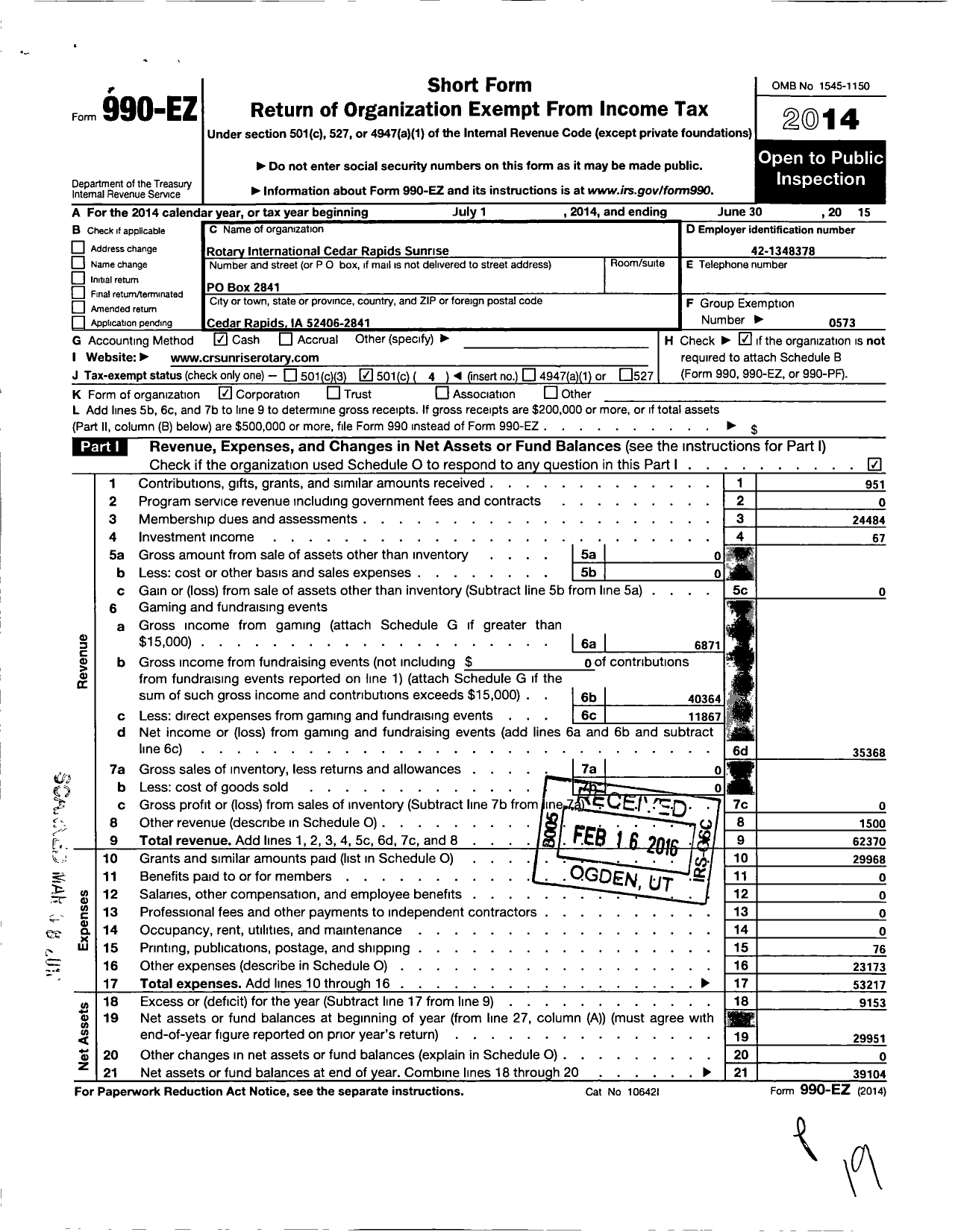 Image of first page of 2014 Form 990EO for Rotary International - Cedar Rapids Sunrise