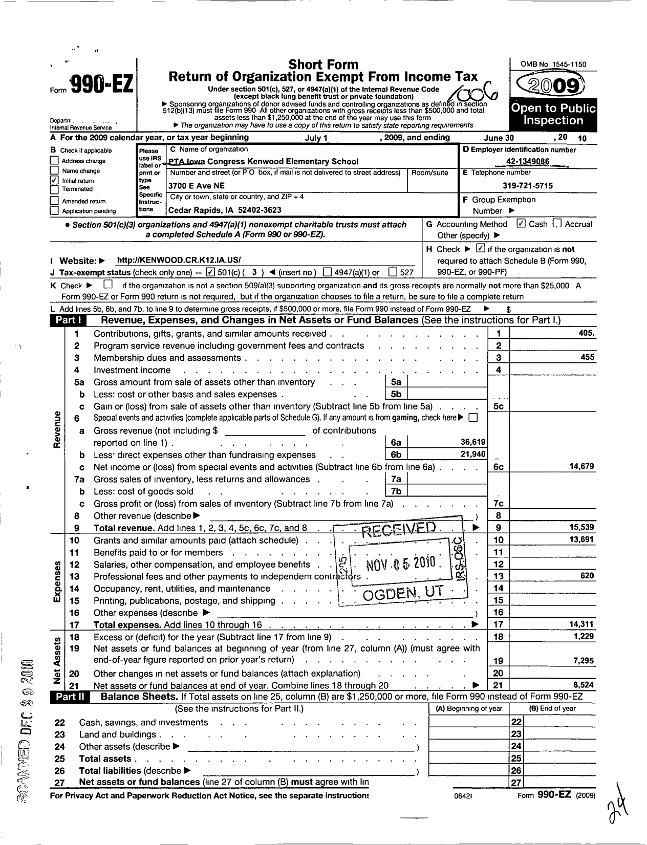 Image of first page of 2009 Form 990EZ for PTA Iowa Congress / Kenwood Leadership Academy PTA