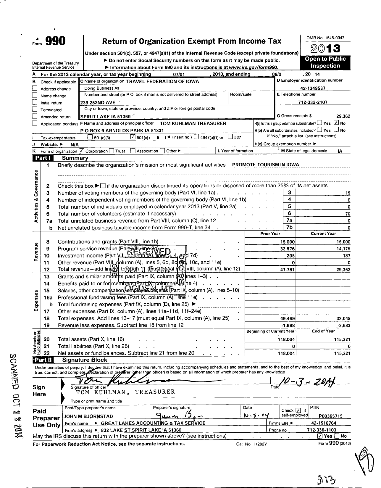 Image of first page of 2013 Form 990O for Travel Federation of Iowa