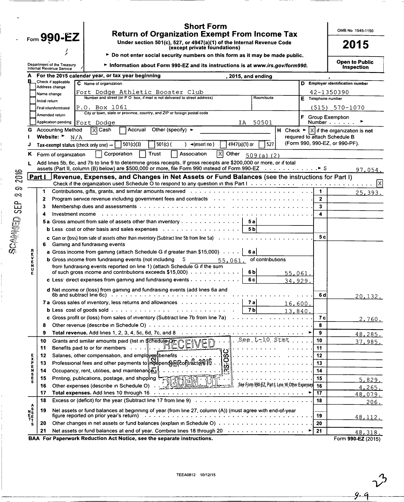 Image of first page of 2015 Form 990EO for Fort Dodge Athletic Booster Club