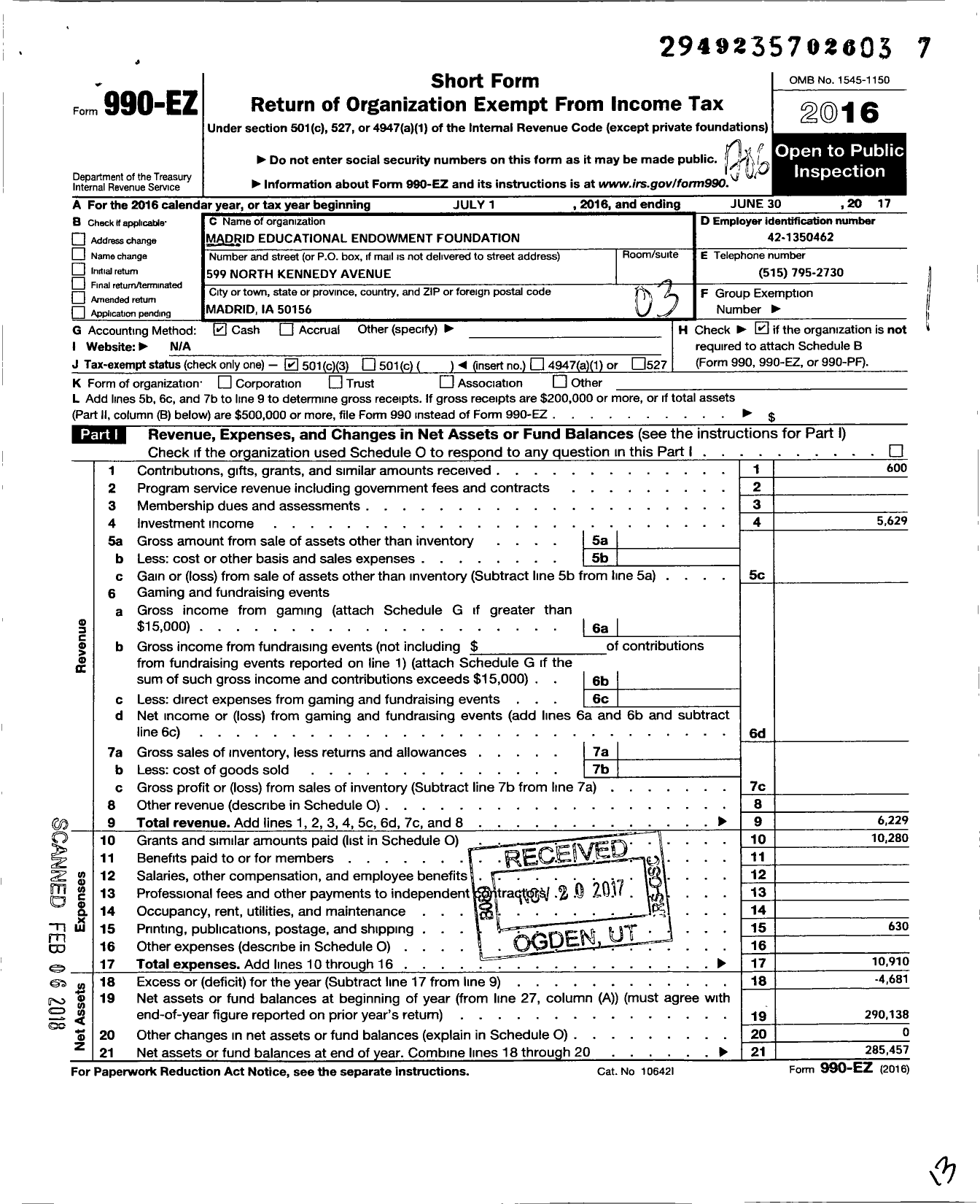 Image of first page of 2016 Form 990EZ for Madrid Educational Endowment Foundation