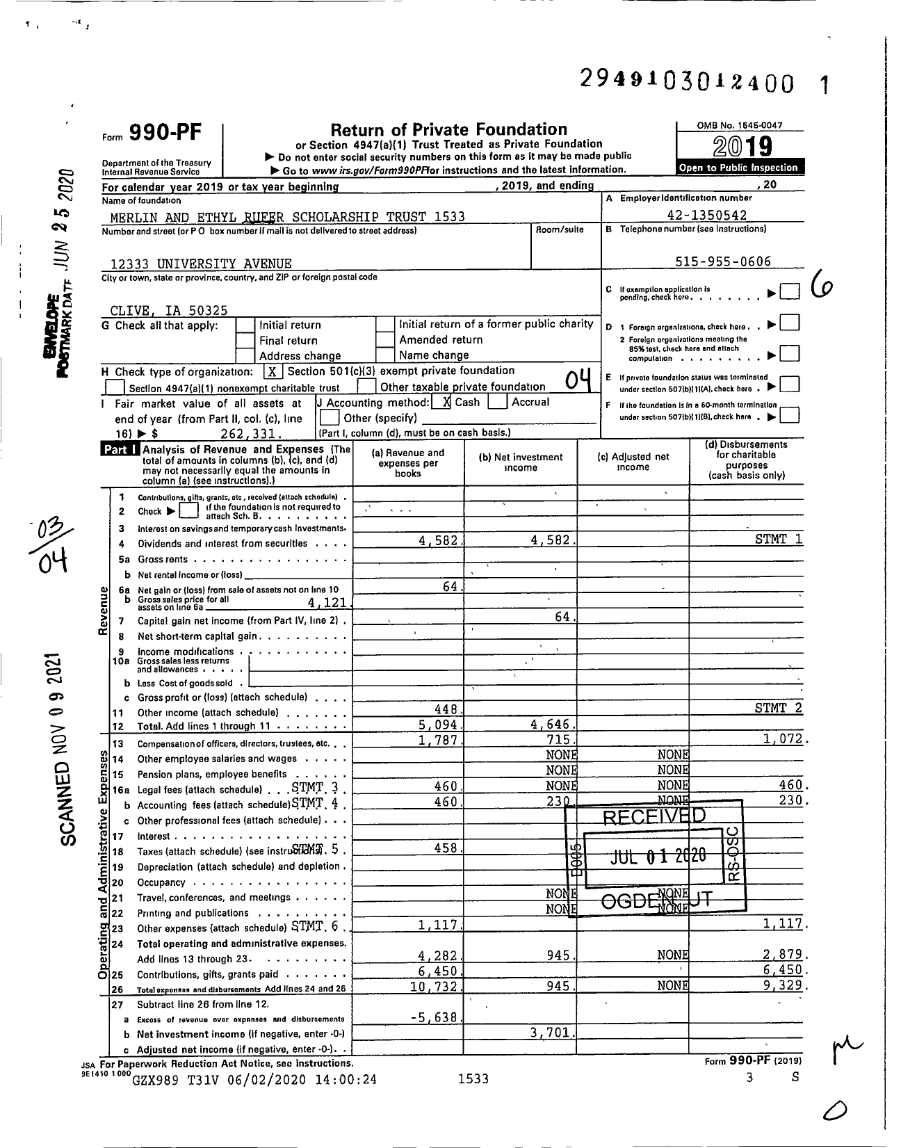 Image of first page of 2019 Form 990PF for Merlin and Ethyl Rufer Scholarship Trust