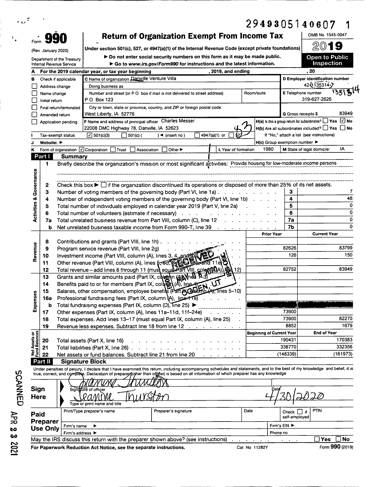 Image of first page of 2019 Form 990 for Danville Venture Villa