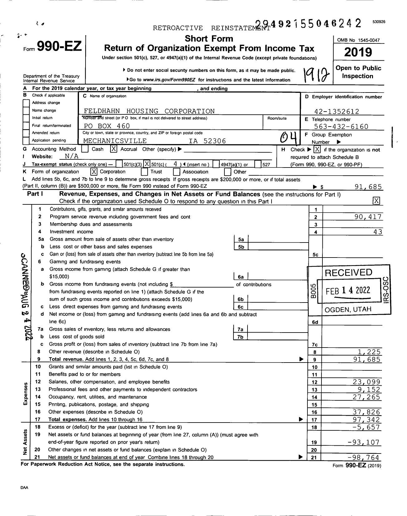 Image of first page of 2019 Form 990EO for Feldhahn Housing Corporation