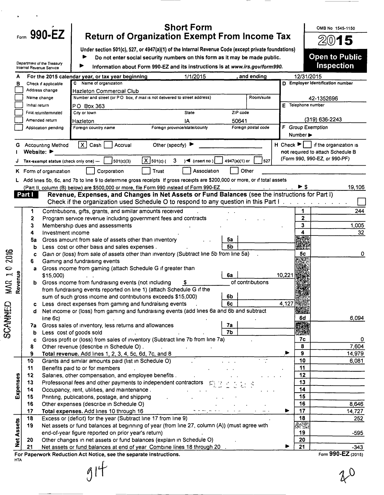 Image of first page of 2015 Form 990EZ for Hazleton Commercial Club